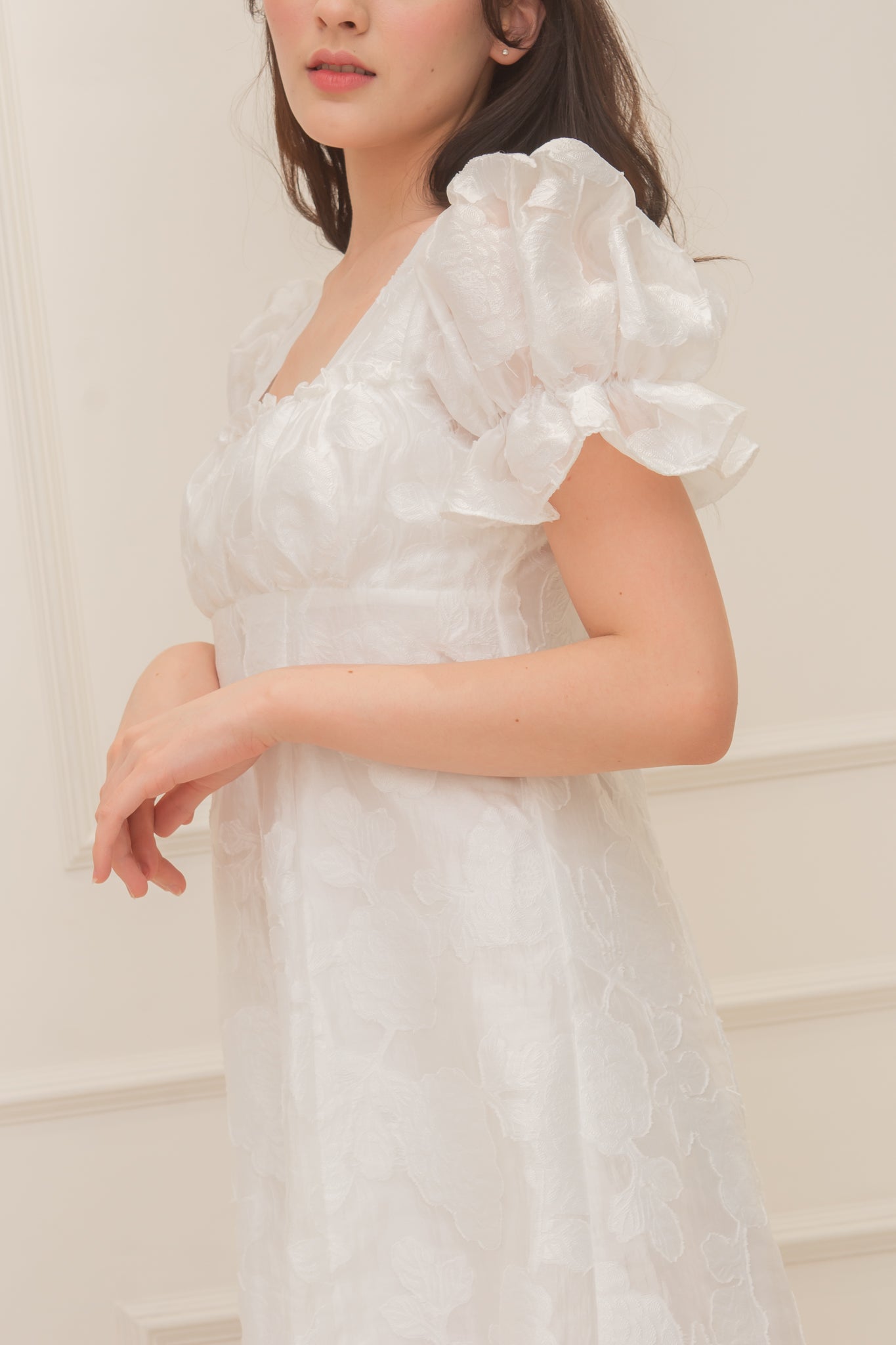 BLOOM Puff Sleeve Textured Babydoll Dress (WHITE)