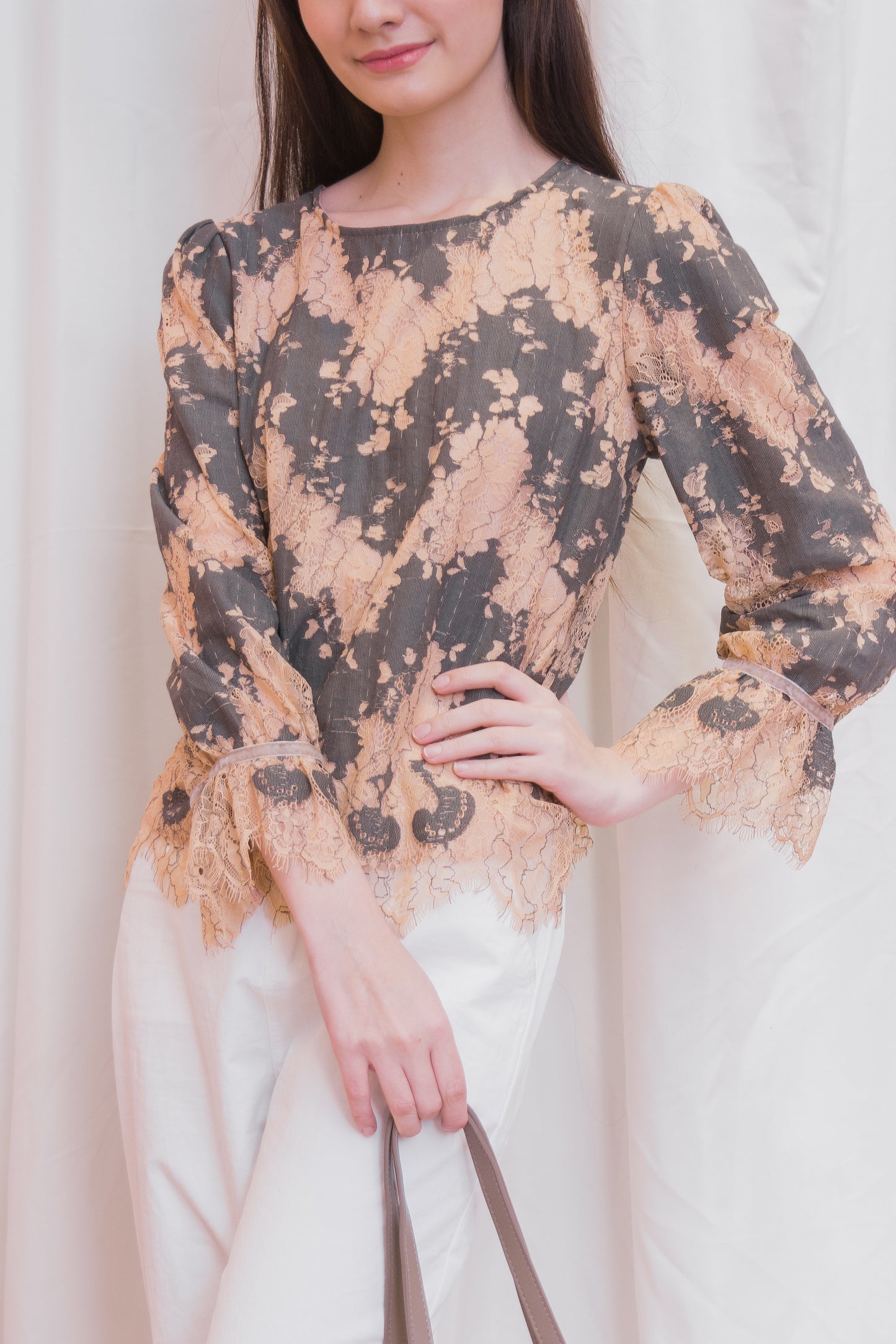 ADRIENNE Round Neck Lace Long Sleeve Top