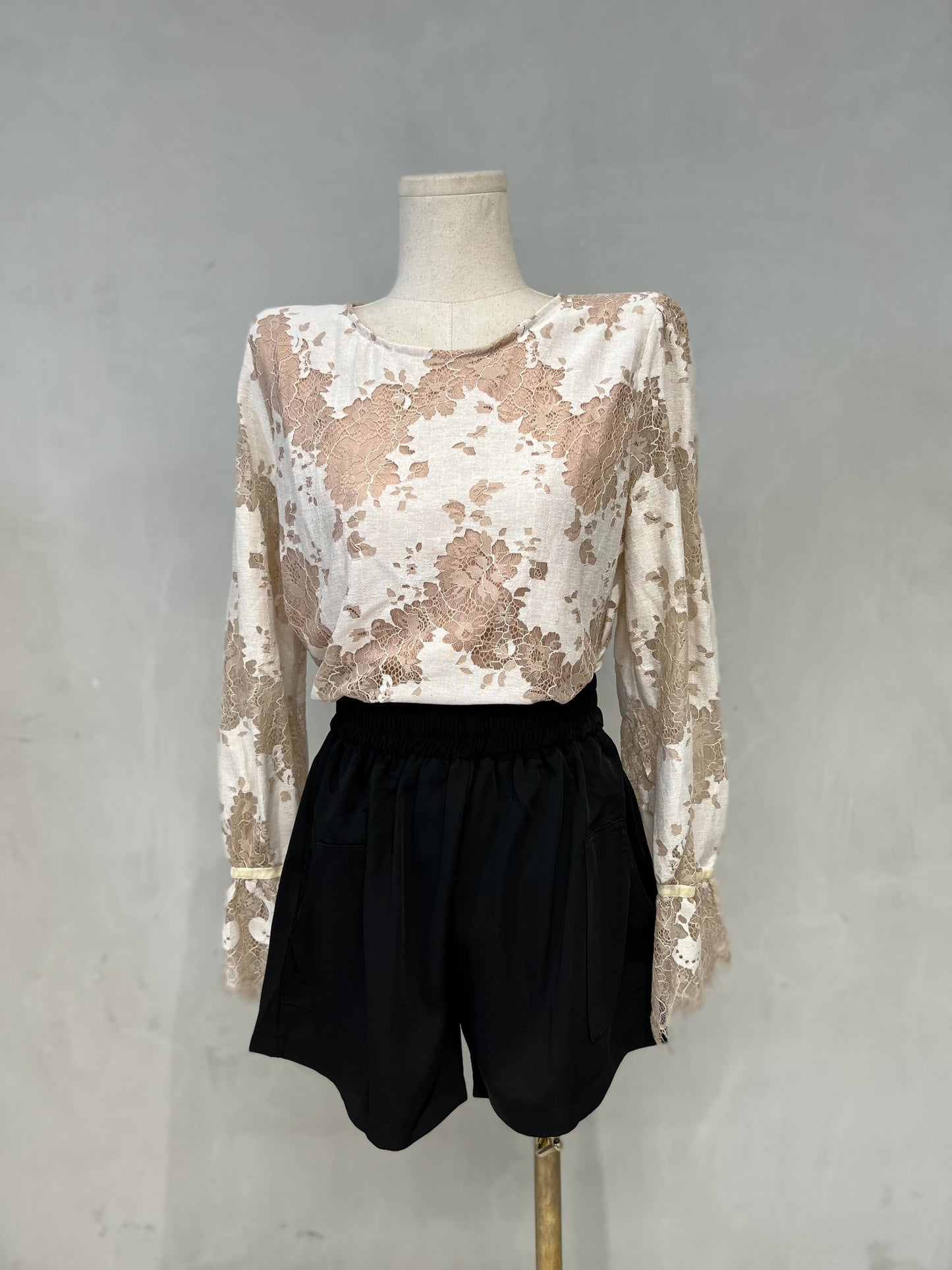 ADRIENNE Round Neck Lace Long Sleeve Top