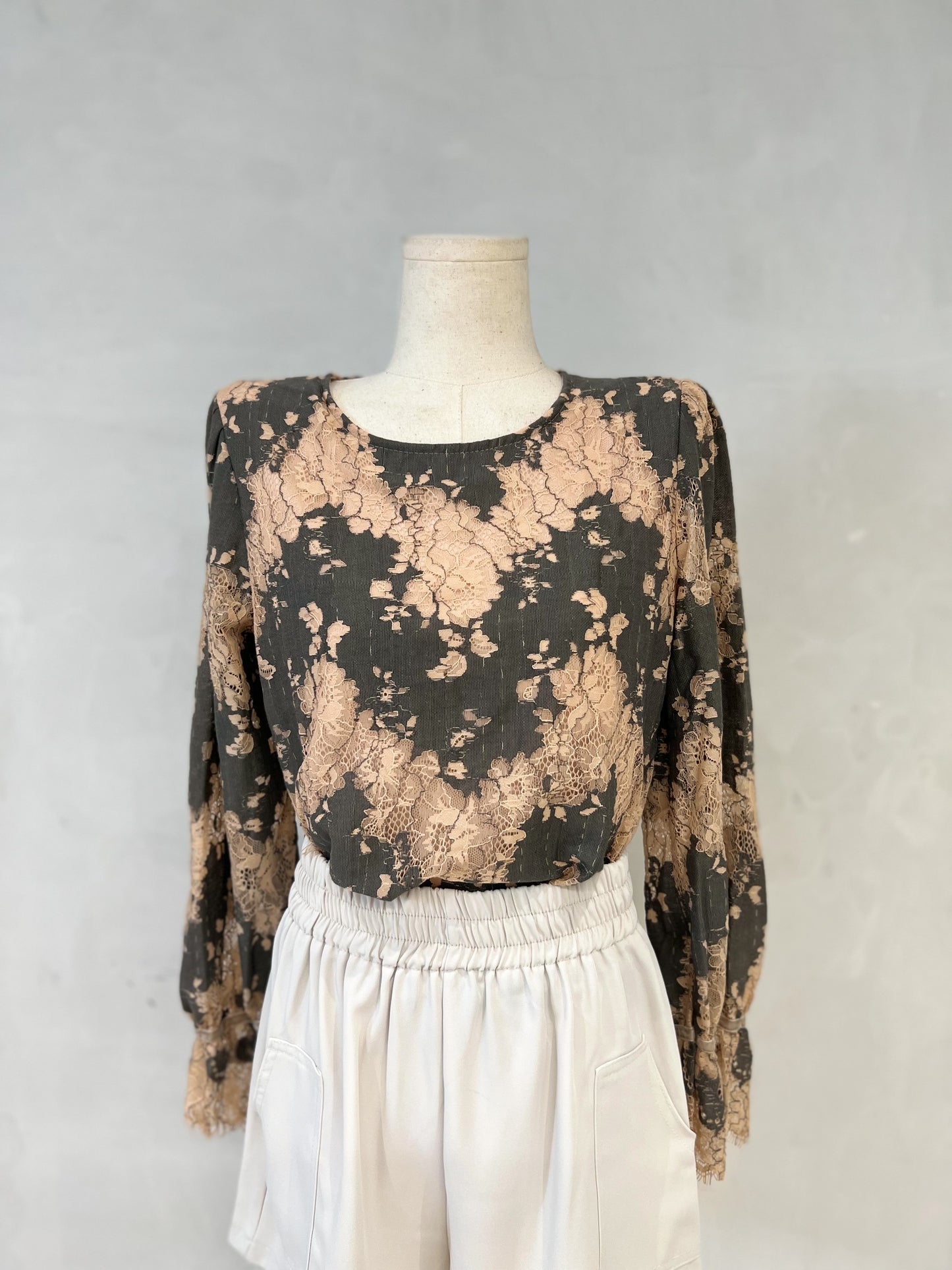ADRIENNE Round Neck Lace Long Sleeve Top