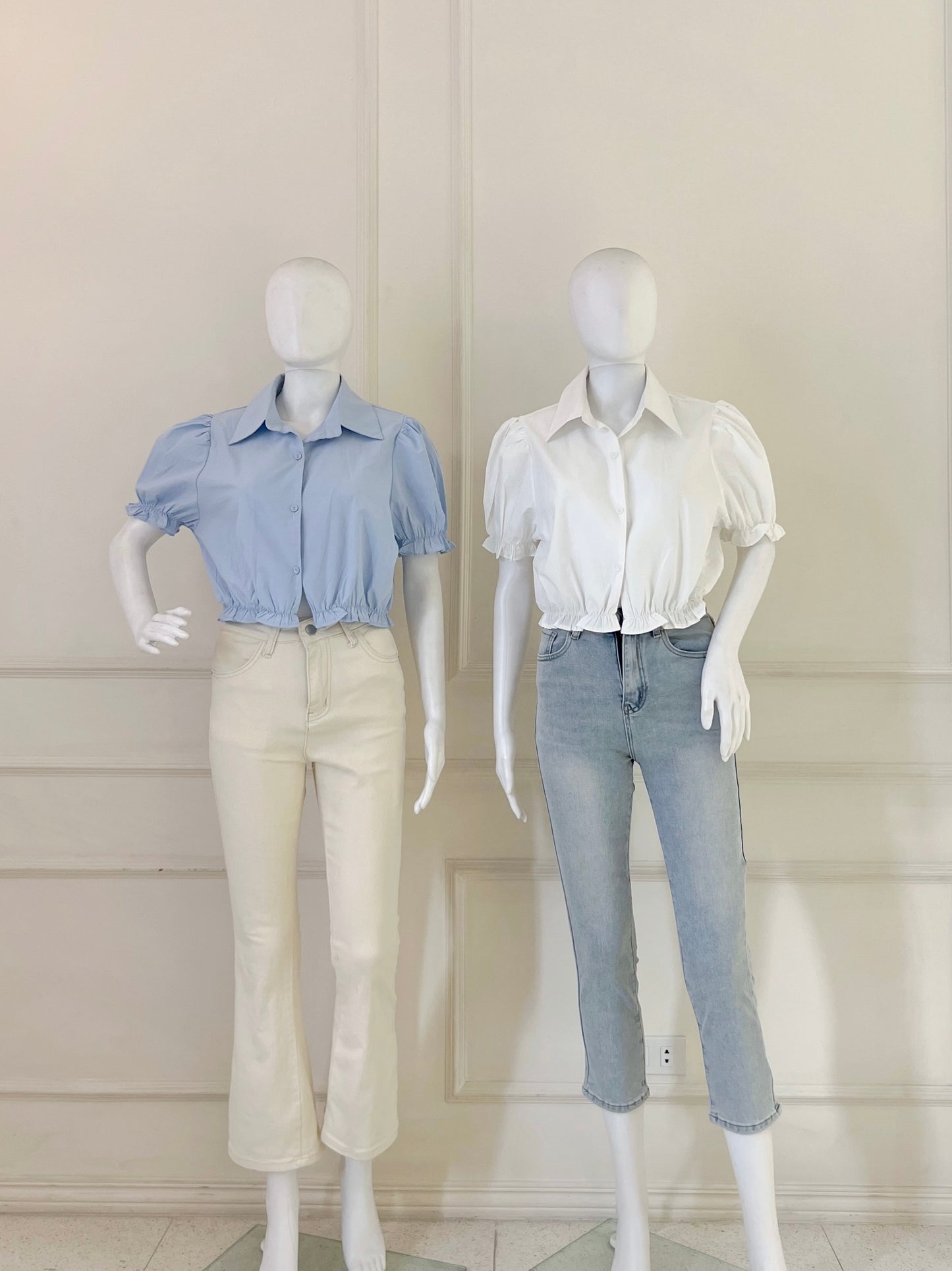 VIKA Collared Cropped Puff Sleeve Buttondown