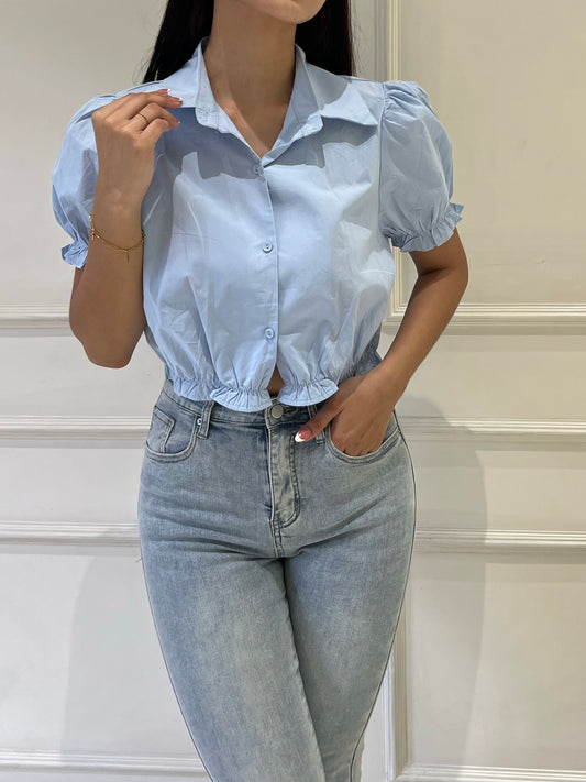 VIKA Collared Cropped Puff Sleeve Buttondown