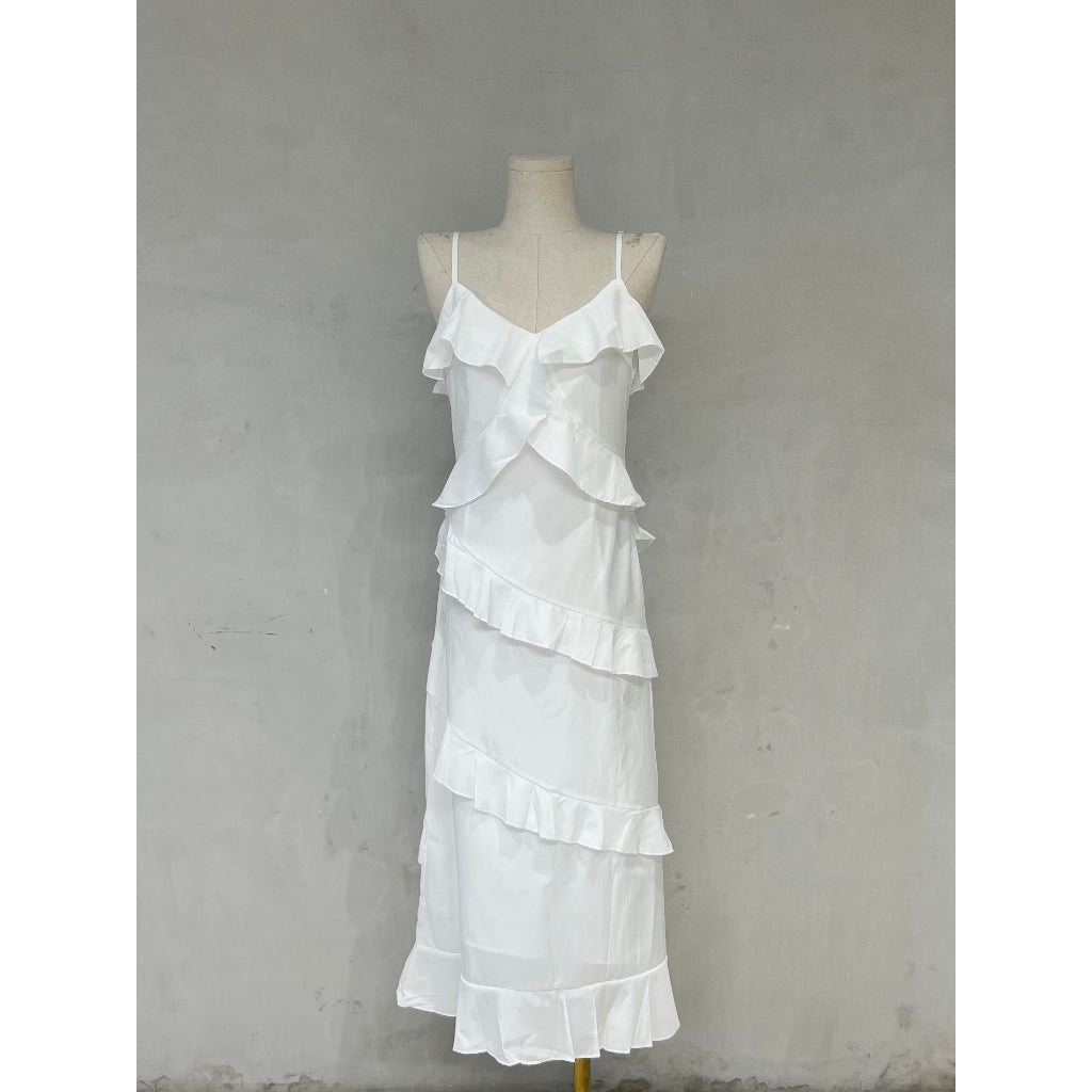 ARI RUFFLE DRESS / WHITE / GREEN / A GIRL'S HAVEN
