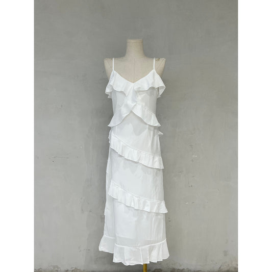 ARI RUFFLE DRESS / WHITE / GREEN / A GIRL'S HAVEN