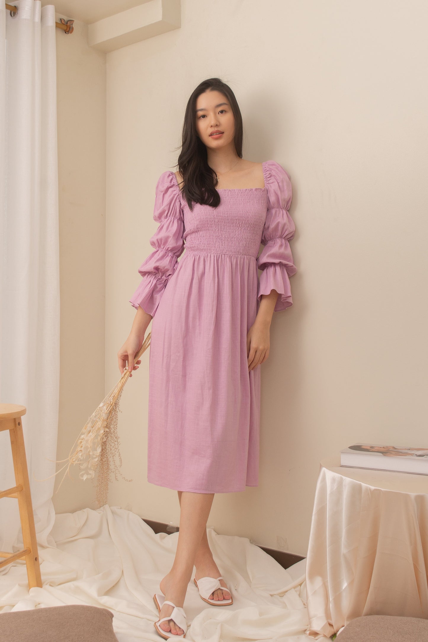 TBDA: Aurore Tiered Puff Sleeve Smocked Dress - Lilac