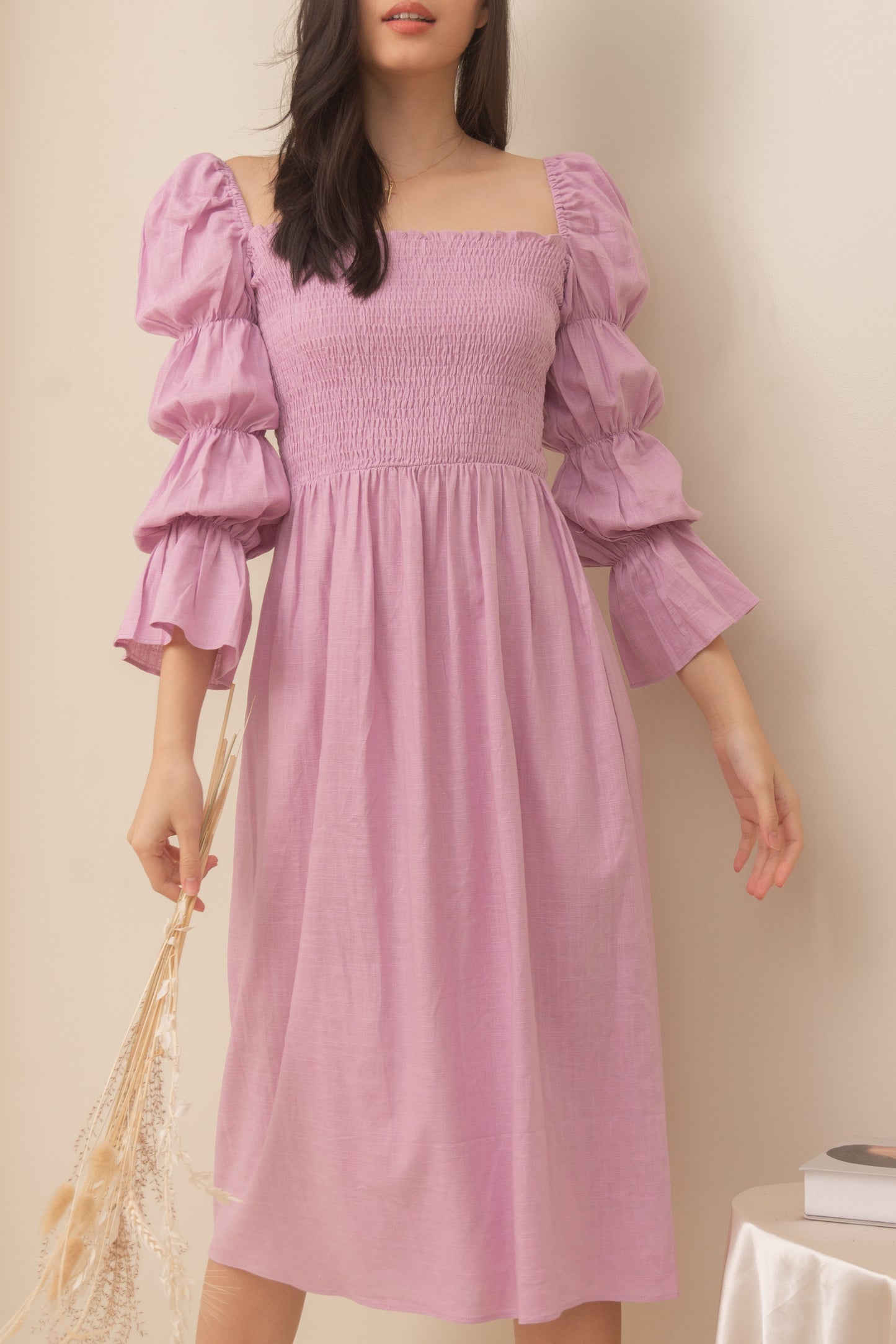 TBDA: Aurore Tiered Puff Sleeve Smocked Dress - Lilac