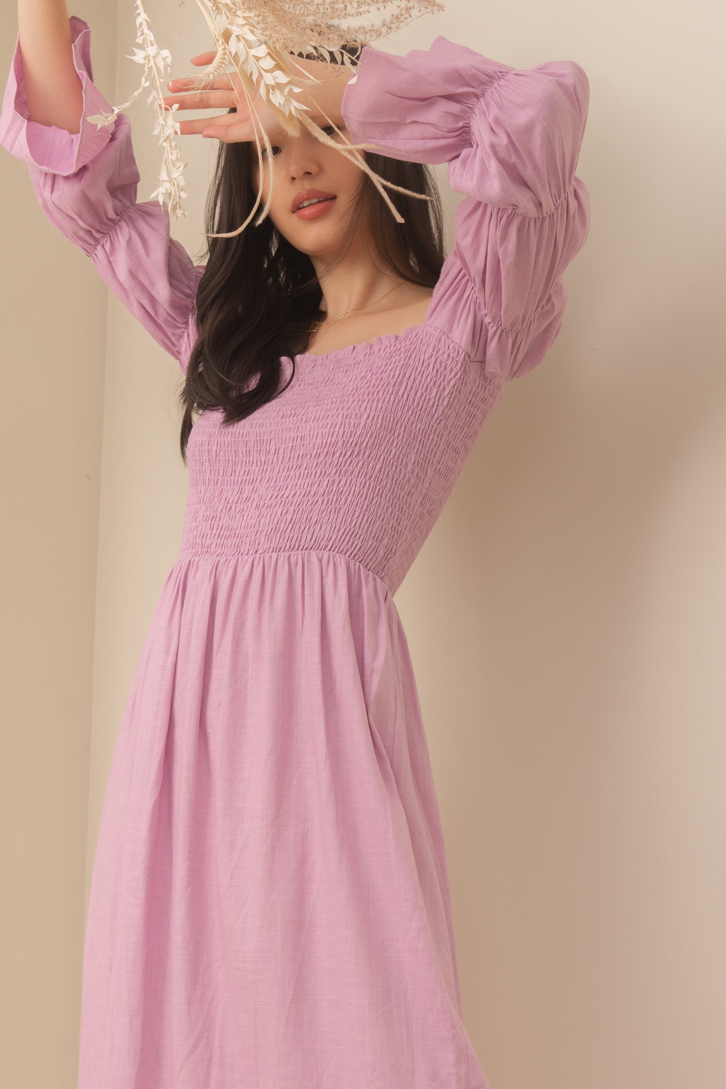 TBDA: Aurore Tiered Puff Sleeve Smocked Dress - Lilac