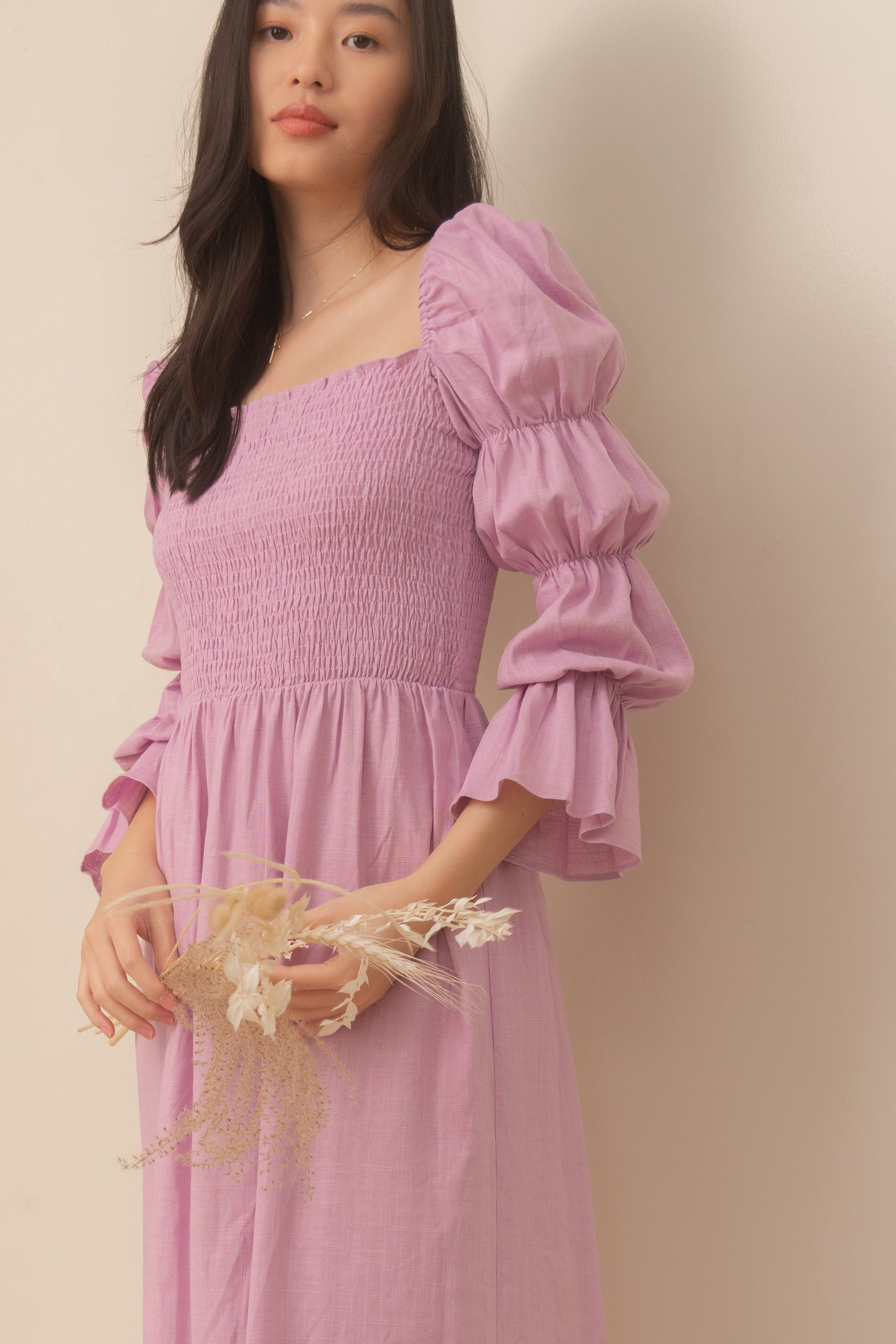 TBDA: Aurore Tiered Puff Sleeve Smocked Dress - Lilac