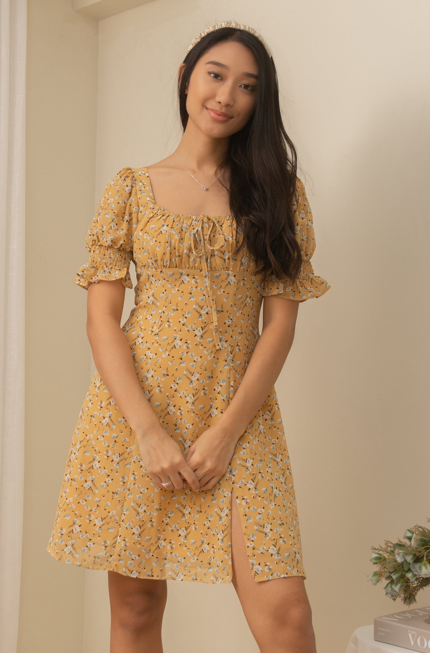 TBDA: Amaryllis Ruched Bust Puff Sleeve Dress - Floral Yellow