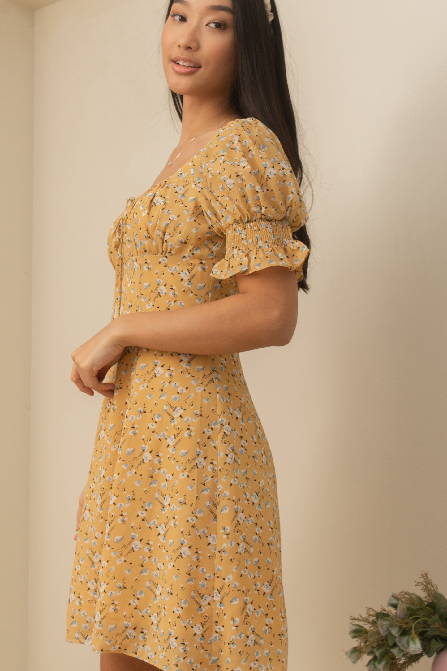 TBDA: Amaryllis Ruched Bust Puff Sleeve Dress - Floral Yellow