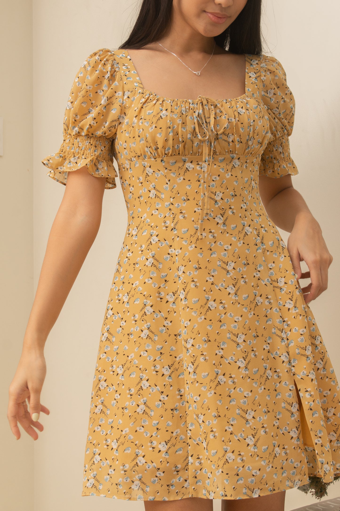 TBDA: Amaryllis Ruched Bust Puff Sleeve Dress - Floral Yellow