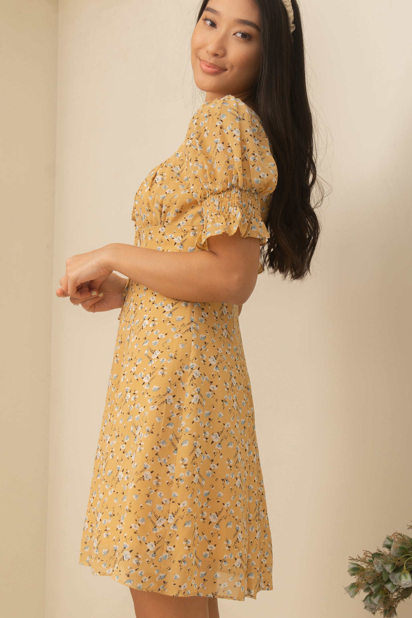 TBDA: Amaryllis Ruched Bust Puff Sleeve Dress - Floral Yellow