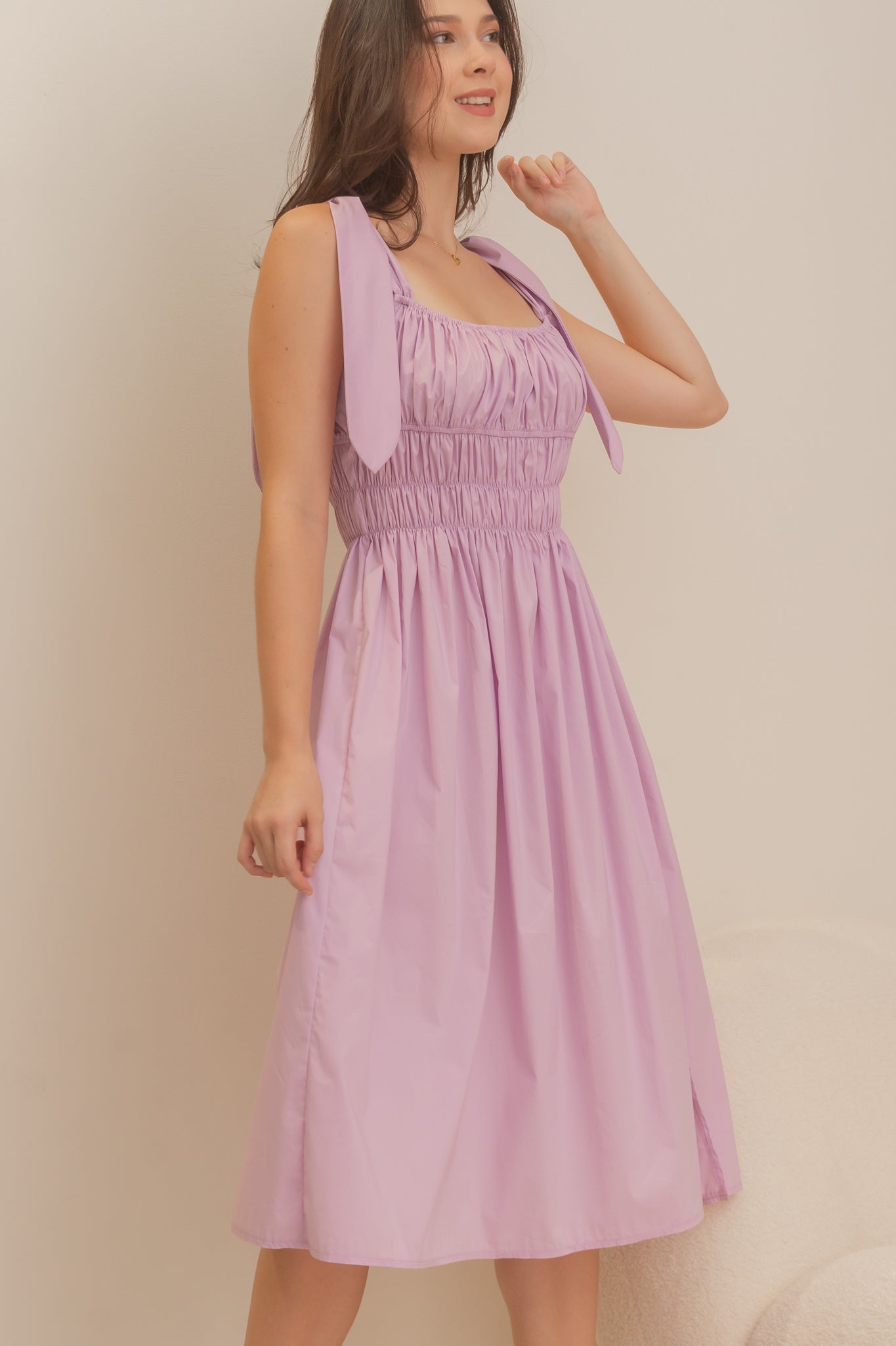 TROPICAL Ruched Style Midi Dress (LILAC)