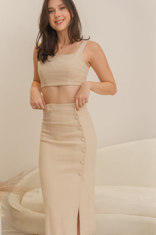 ARTEMIS Linen Coordinates: Square Neck Top & Buttoned Midi Skirt (NUDE BEIGE)