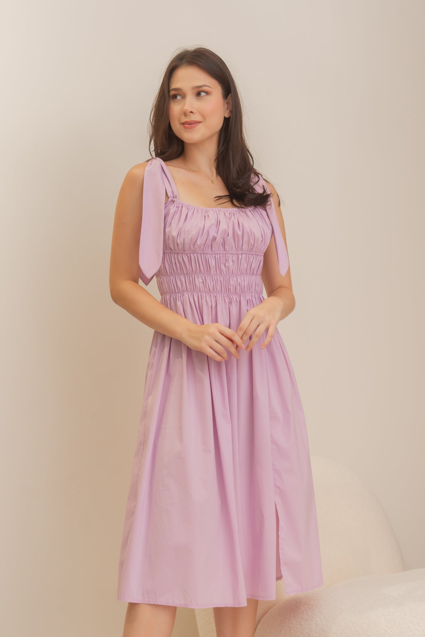 TROPICAL Ruched Style Midi Dress (LILAC)