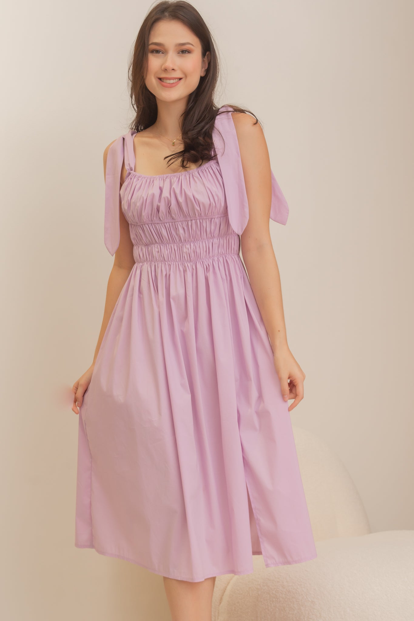 TROPICAL Ruched Style Midi Dress (LILAC)