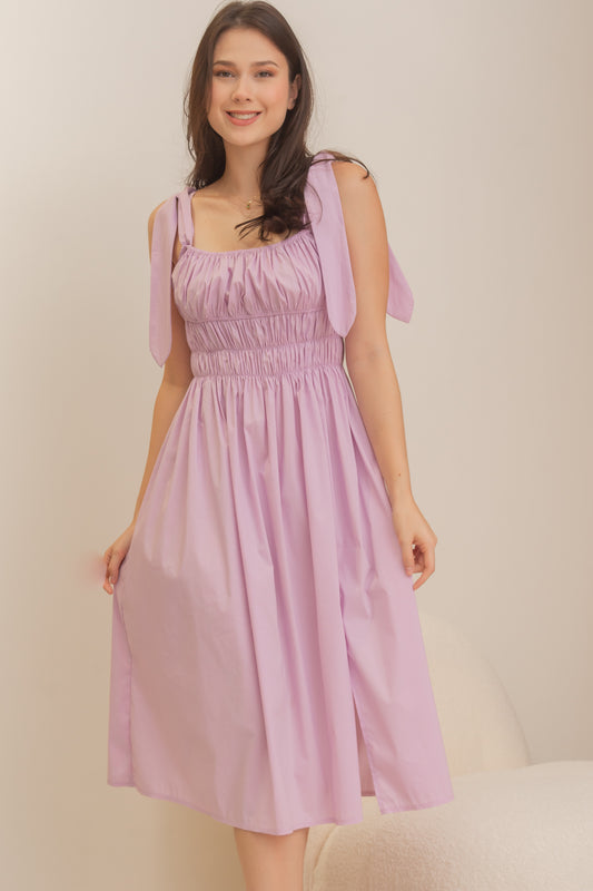 TROPICAL Ruched Style Midi Dress (LILAC)