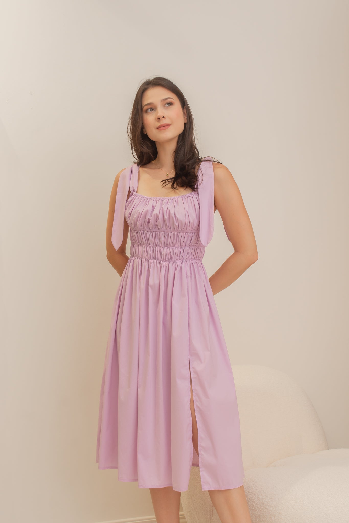 TROPICAL Ruched Style Midi Dress (LILAC)