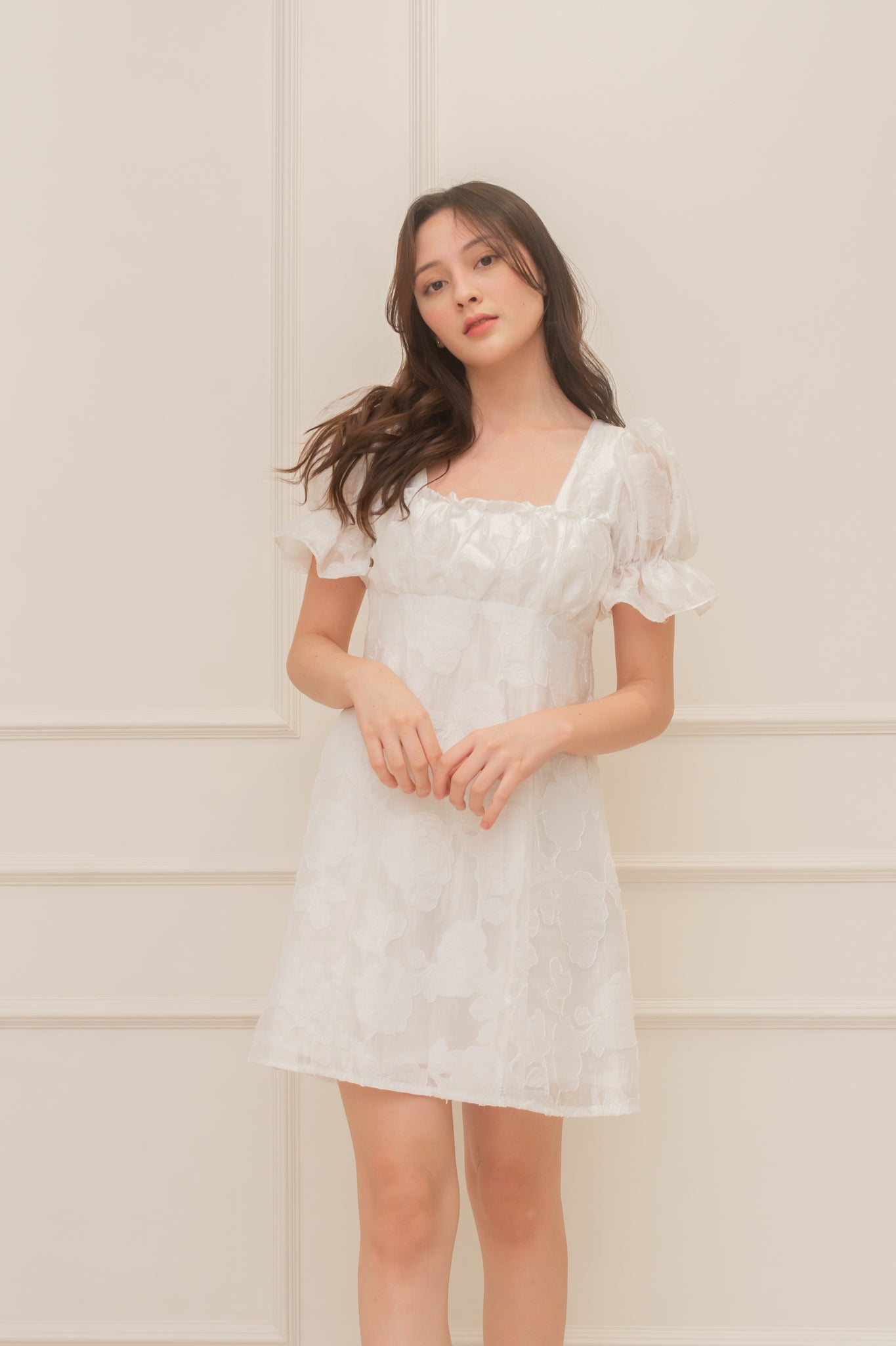 BLOOM Puff Sleeve Textured Babydoll Dress (WHITE)