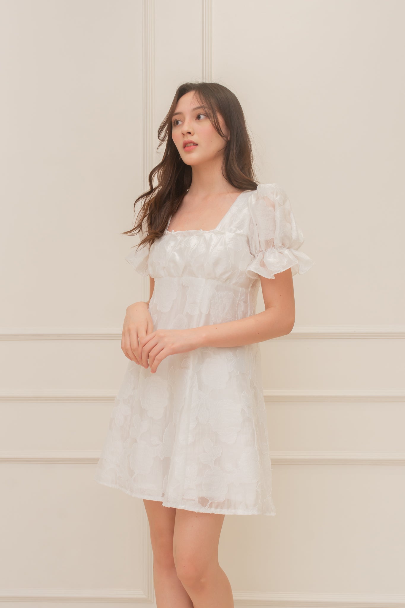 BLOOM Puff Sleeve Textured Babydoll Dress (WHITE)