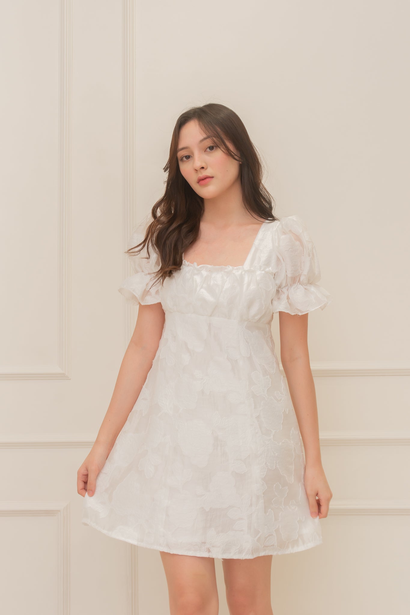 BLOOM Puff Sleeve Textured Babydoll Dress (WHITE)
