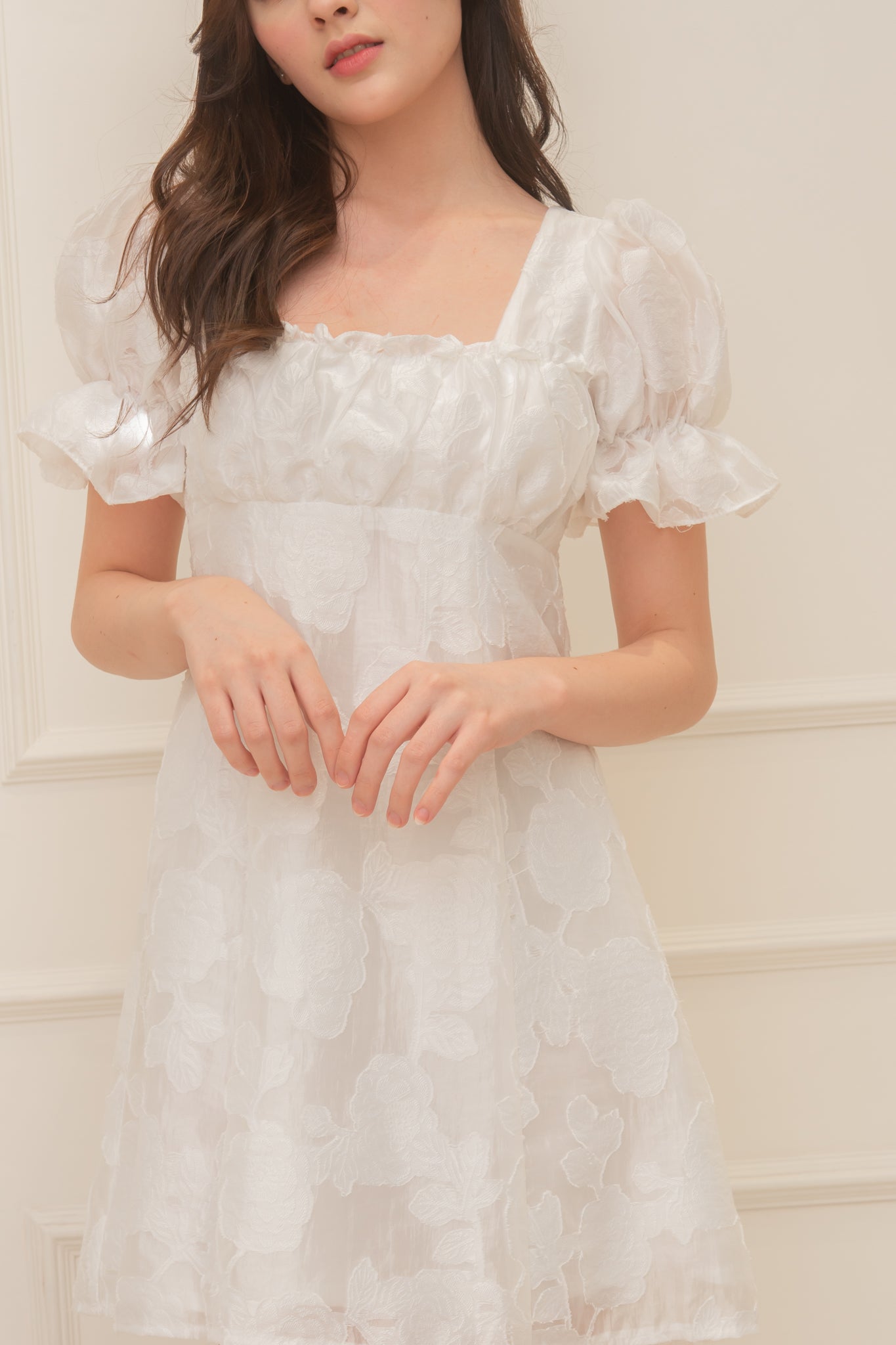 BLOOM Puff Sleeve Textured Babydoll Dress (WHITE)
