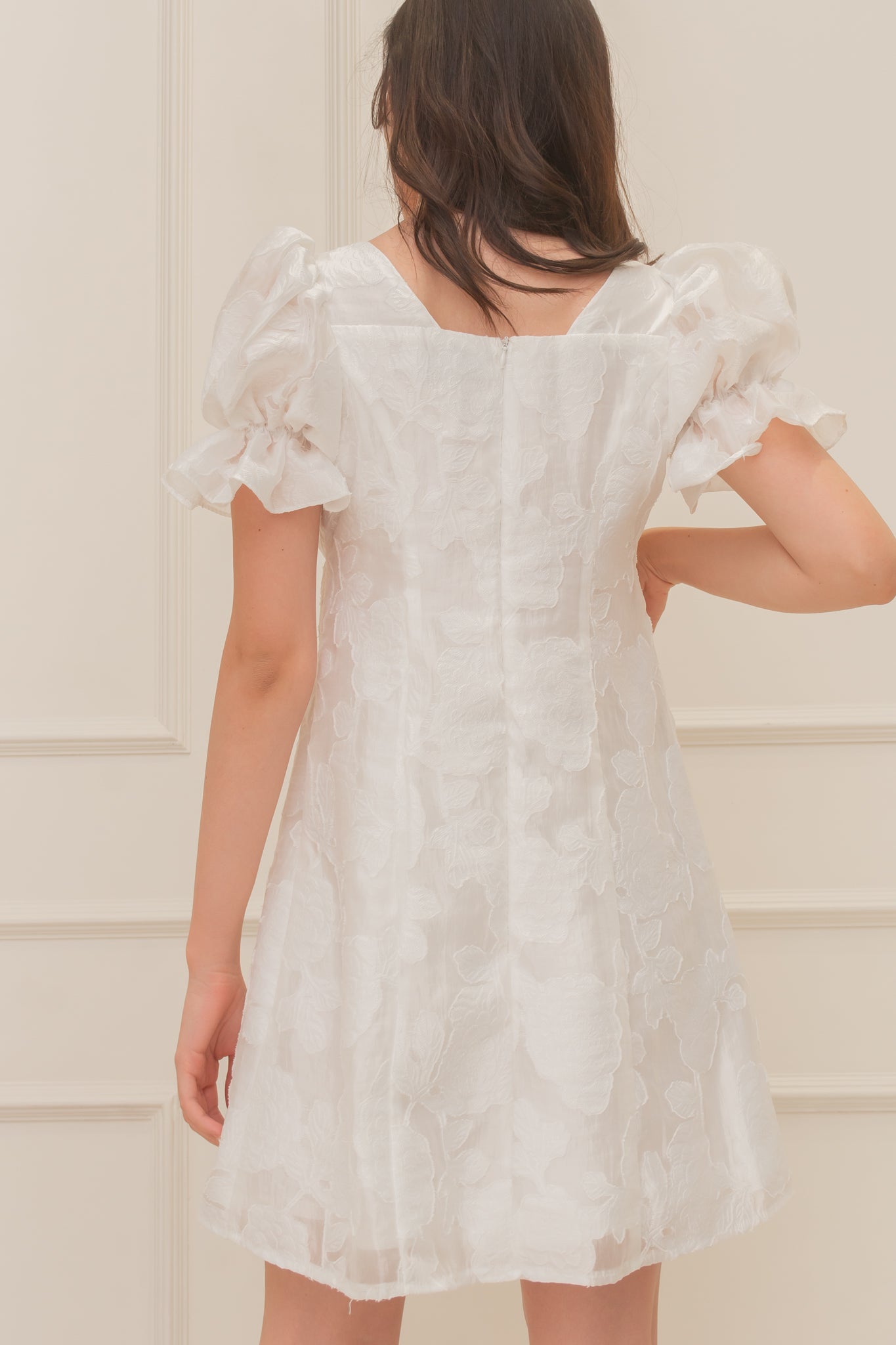 BLOOM Puff Sleeve Textured Babydoll Dress (WHITE)