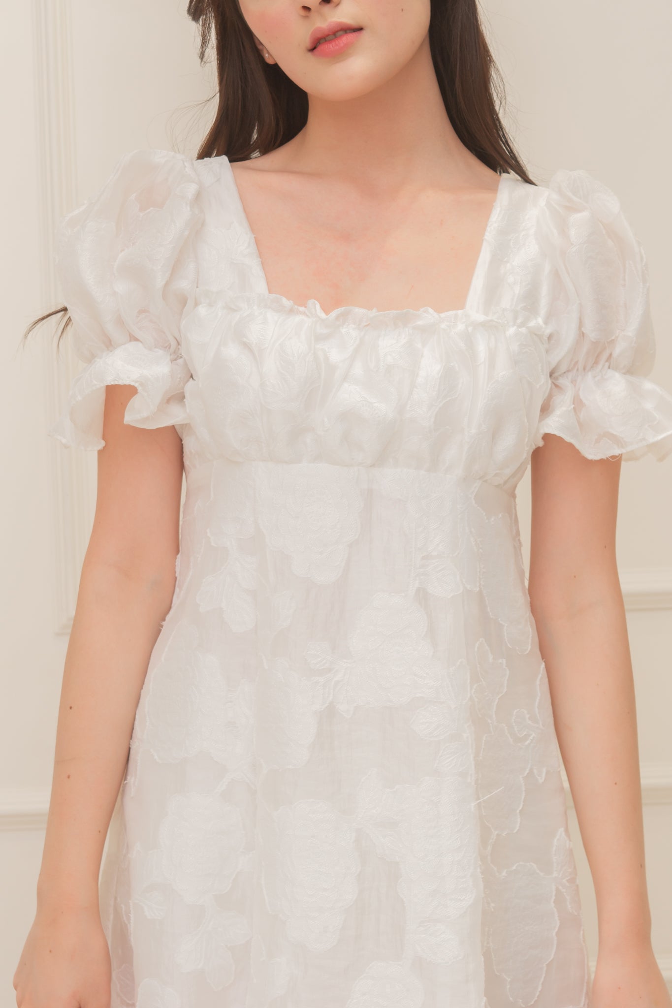 BLOOM Puff Sleeve Textured Babydoll Dress (WHITE)