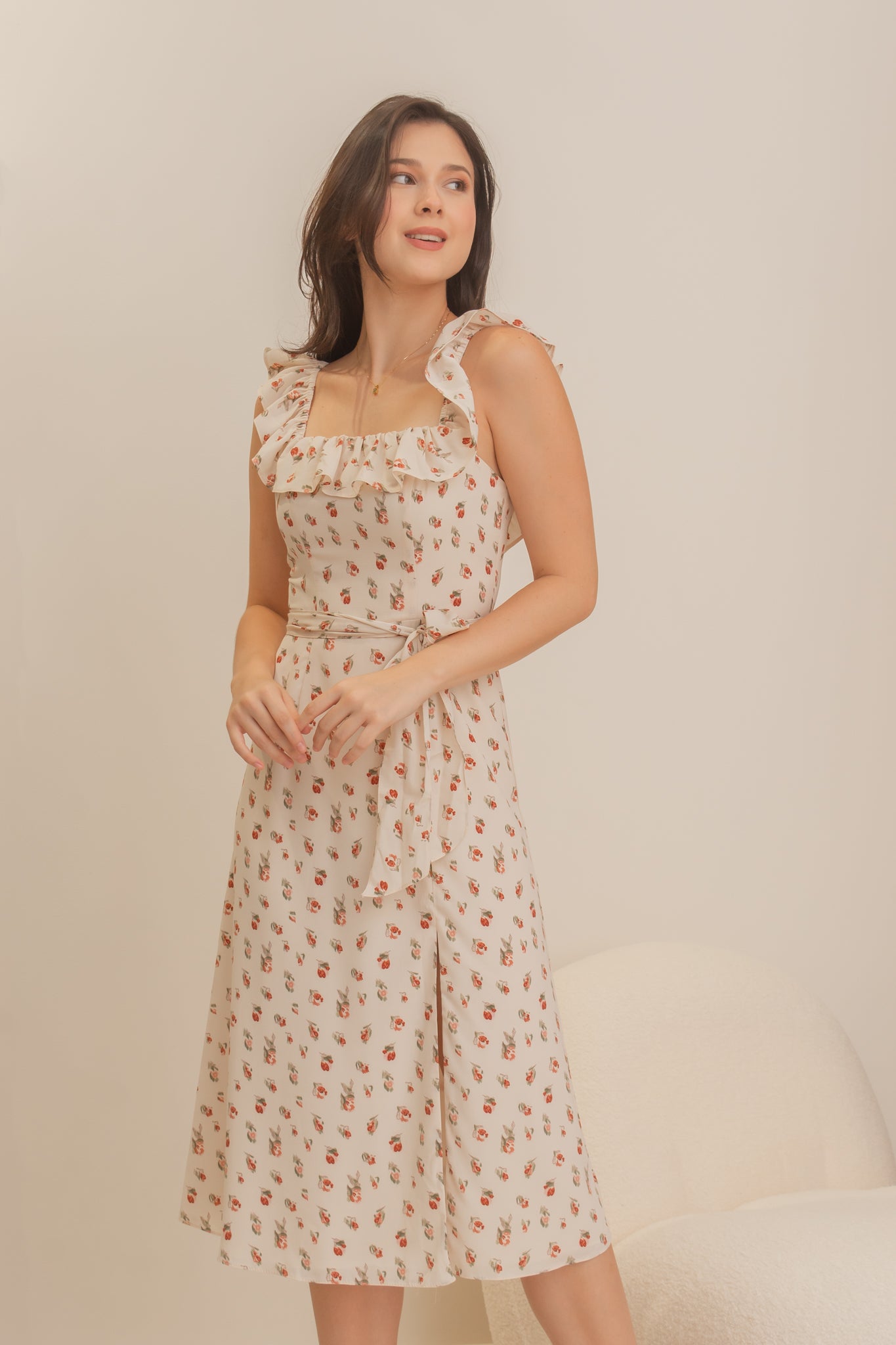 MISCHA Ruffle Sleeve Midi Dress - Red Floral