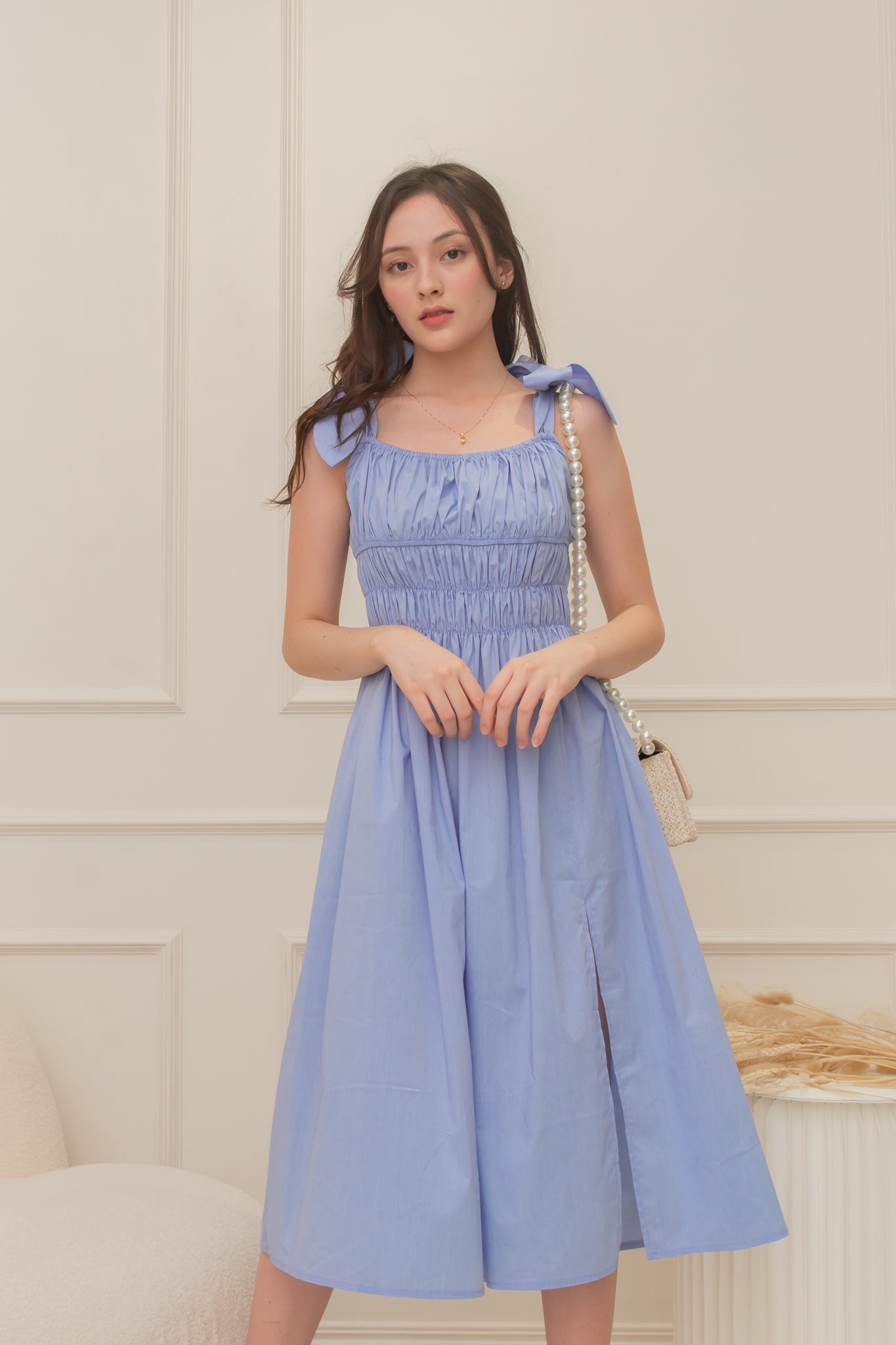 TROPICAL Ruched Style Midi Dress (CORNFLOWER BLUE)
