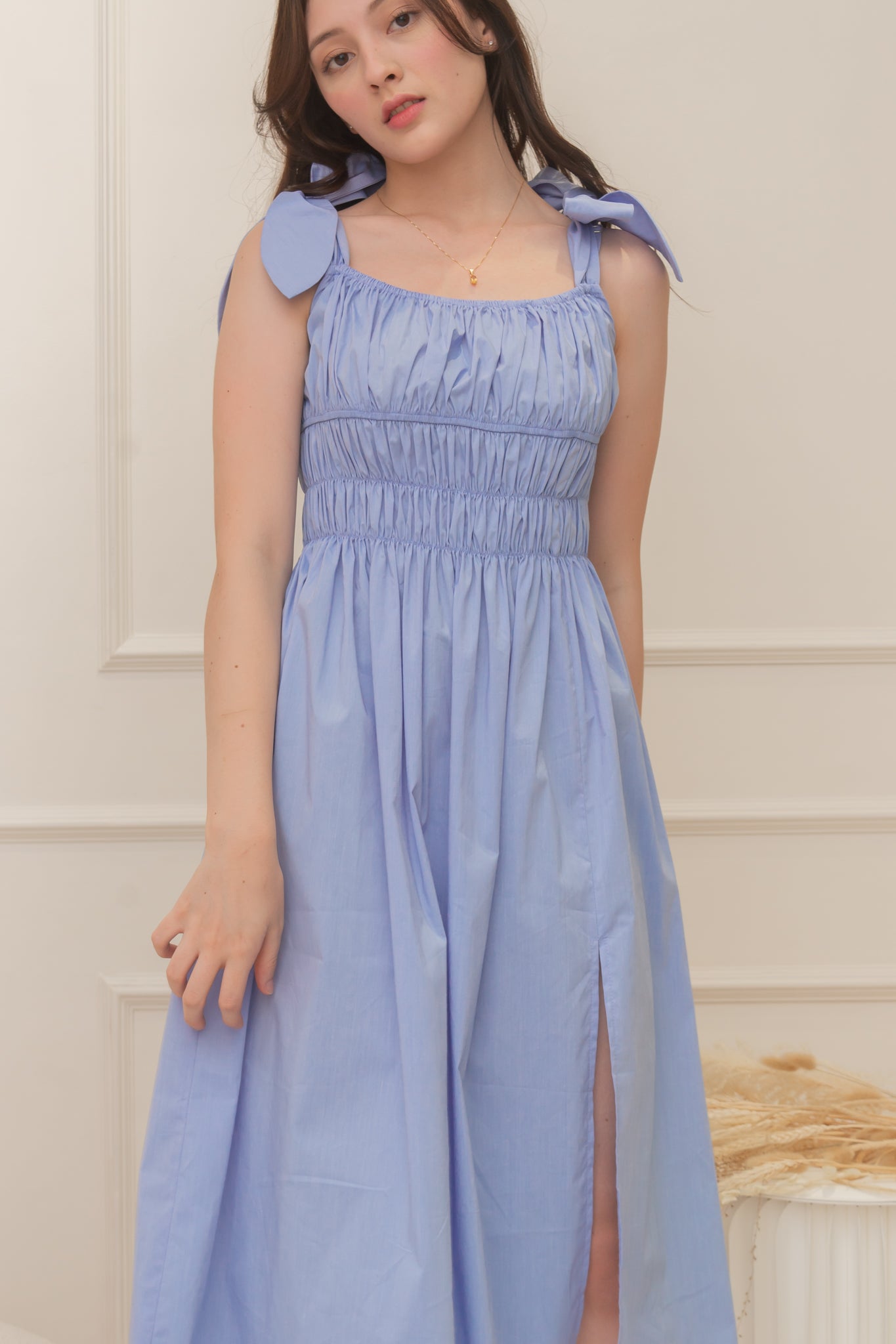 TROPICAL Ruched Style Midi Dress (CORNFLOWER BLUE)