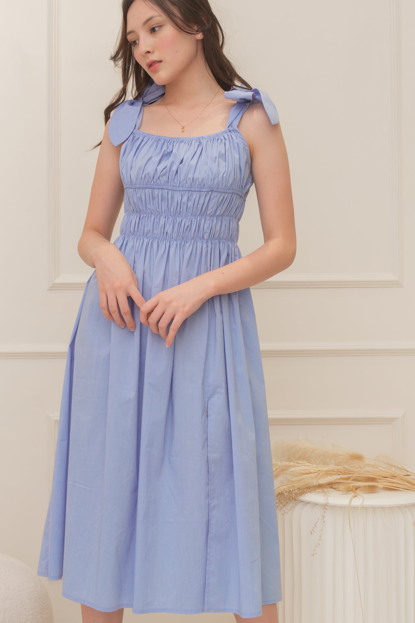 TROPICAL Ruched Style Midi Dress (CORNFLOWER BLUE)