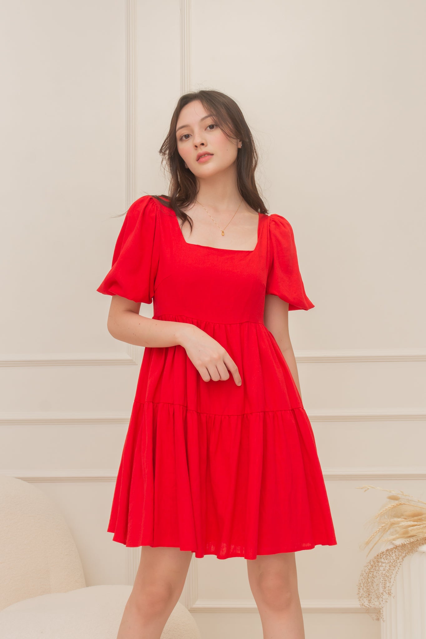 BRITTNEY Puff Sleeve Babydoll Dress (RED)