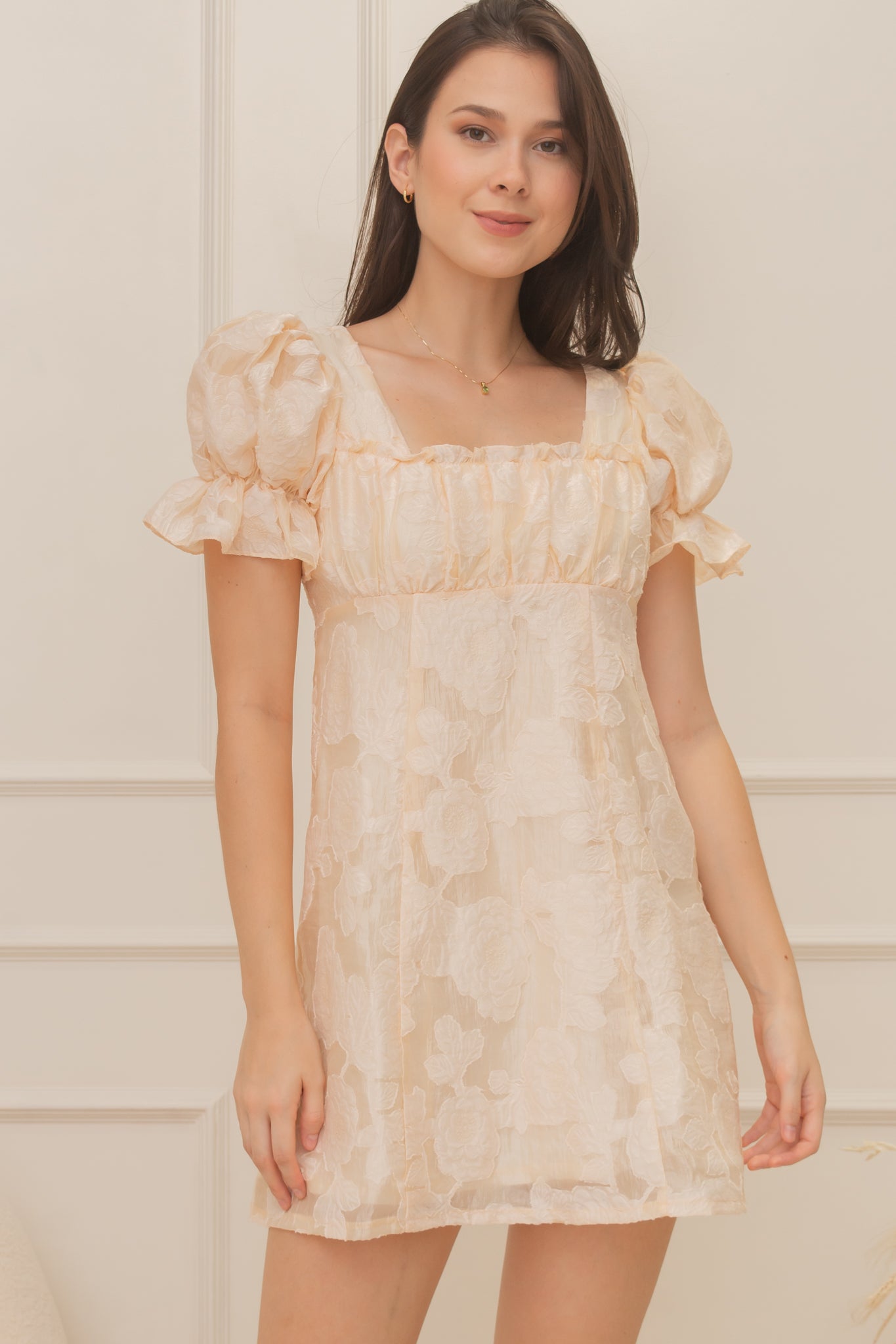 BLOOM Puff Sleeve Textured Babydoll Dress (GOLDEN SKY)