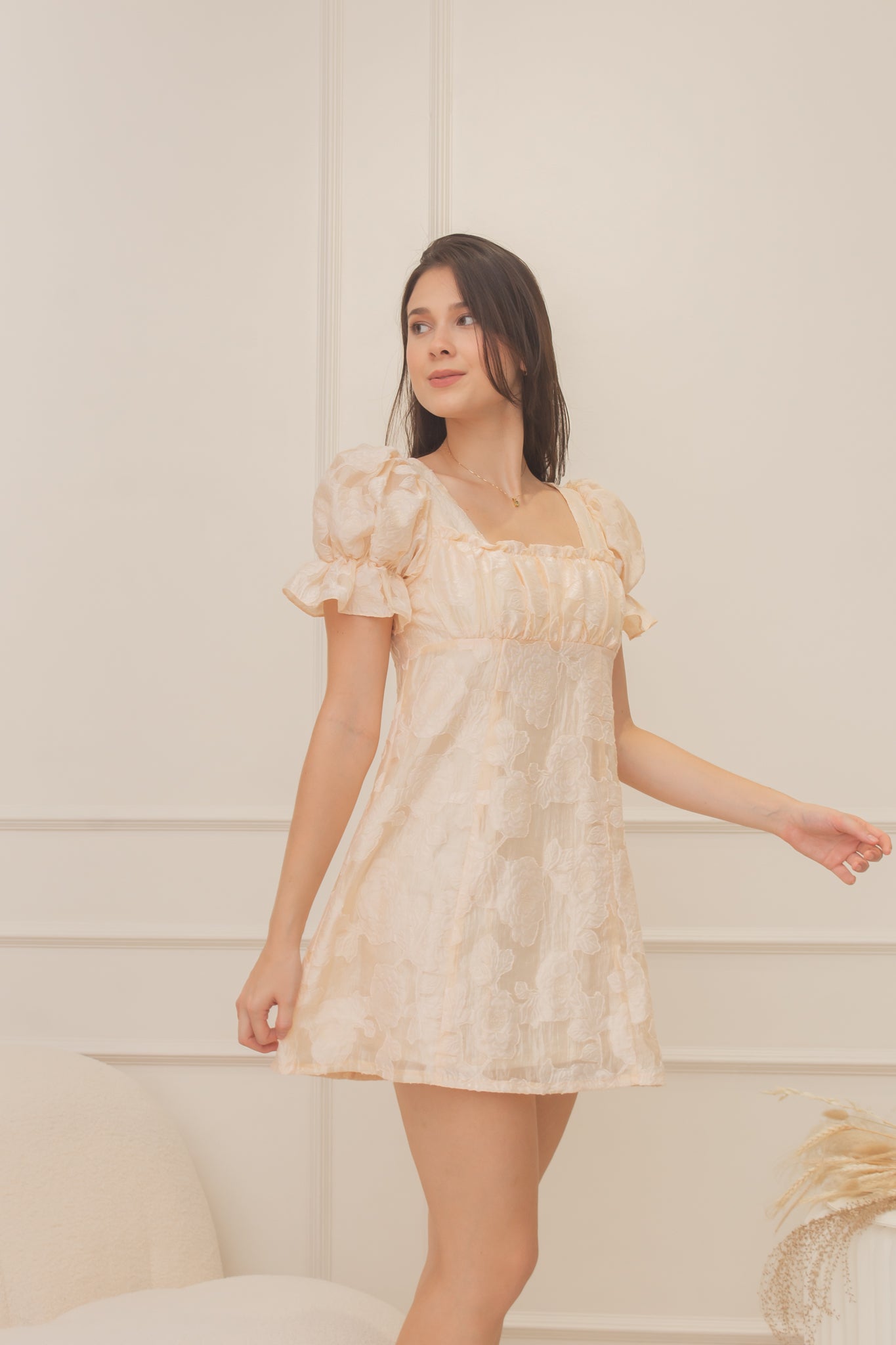 BLOOM Puff Sleeve Textured Babydoll Dress (GOLDEN SKY)