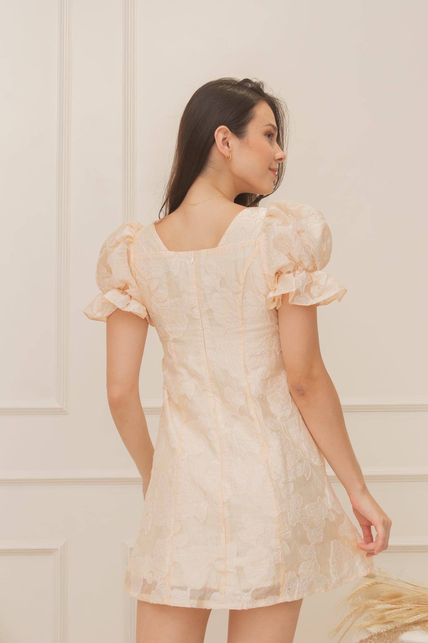 BLOOM Puff Sleeve Textured Babydoll Dress (GOLDEN SKY)
