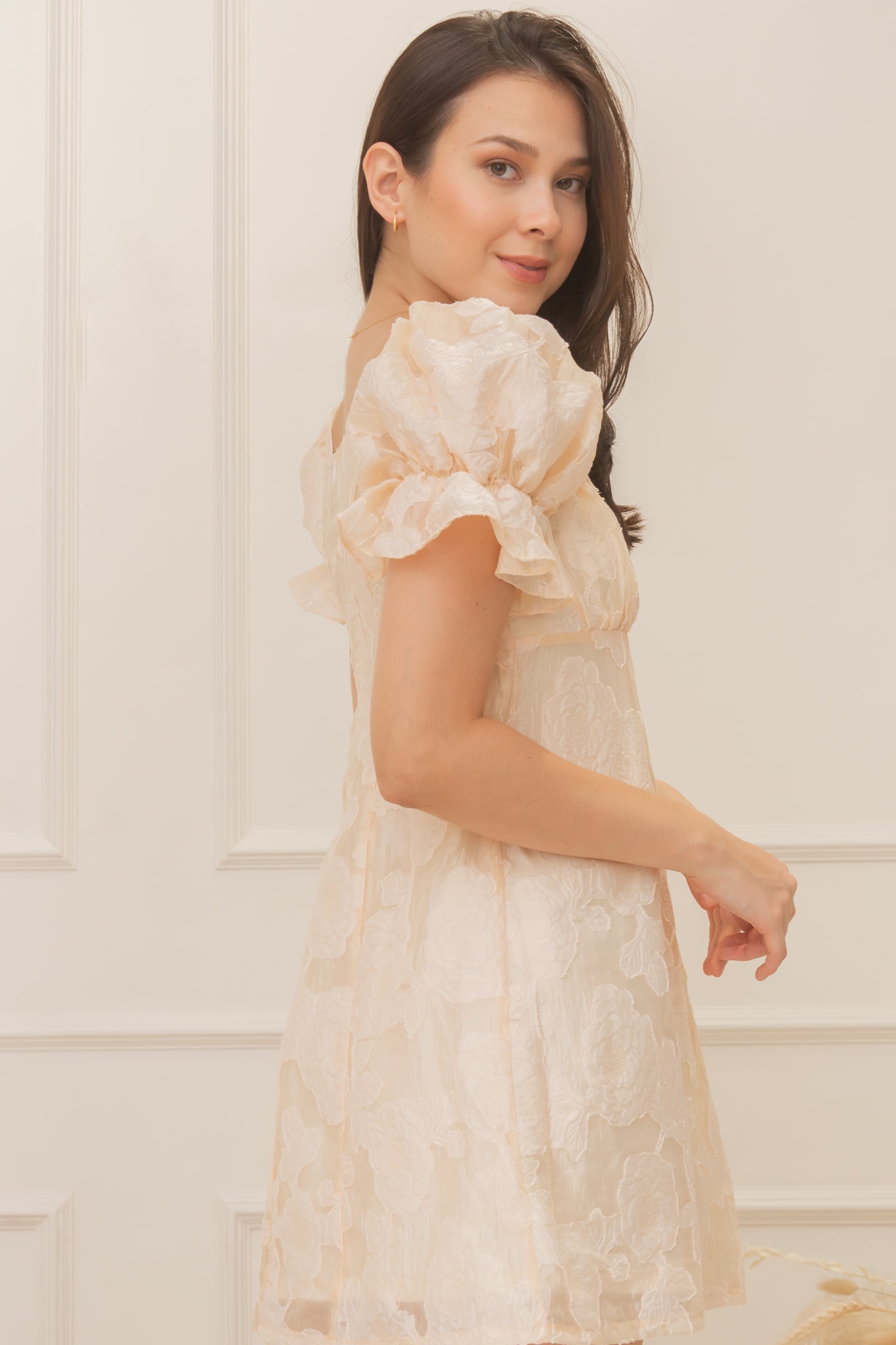 BLOOM Puff Sleeve Textured Babydoll Dress (GOLDEN SKY)