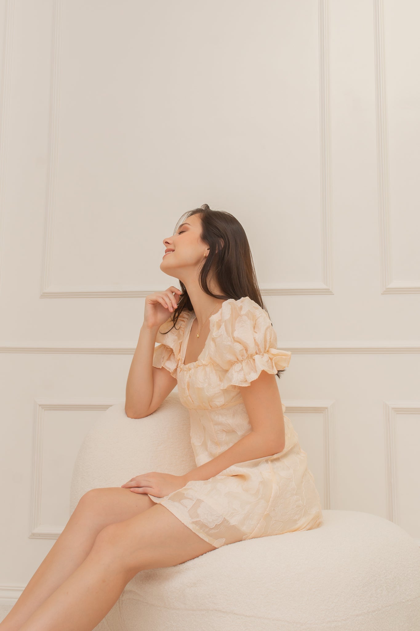 BLOOM Puff Sleeve Textured Babydoll Dress (GOLDEN SKY)