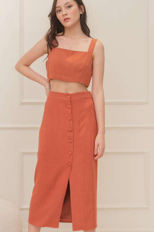 ARTEMIS Linen Coordinates: Square Neck Top & Buttoned Midi Skirt (RUST)