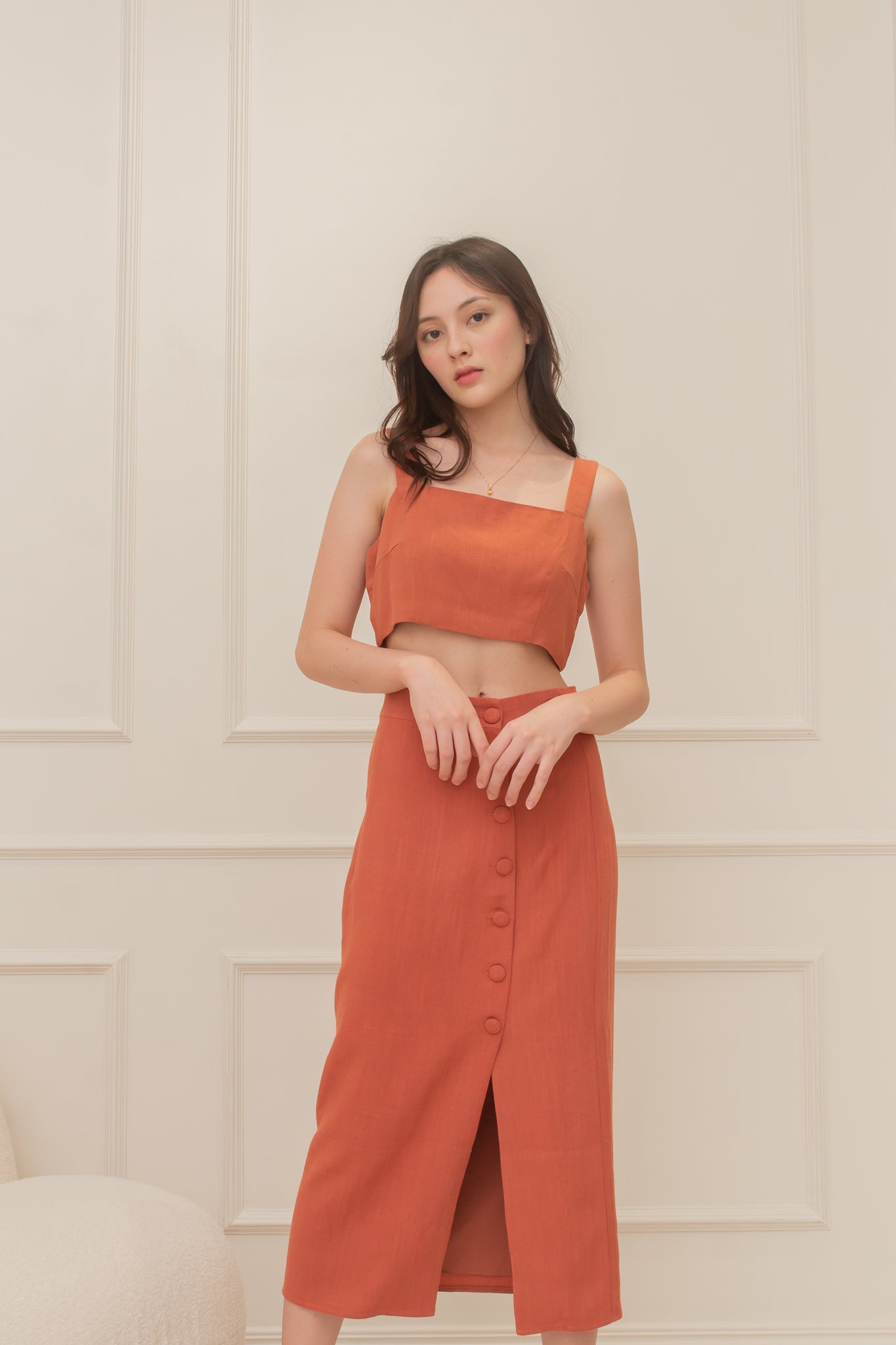 ARTEMIS Linen Coordinates: Square Neck Top & Buttoned Midi Skirt (RUST)