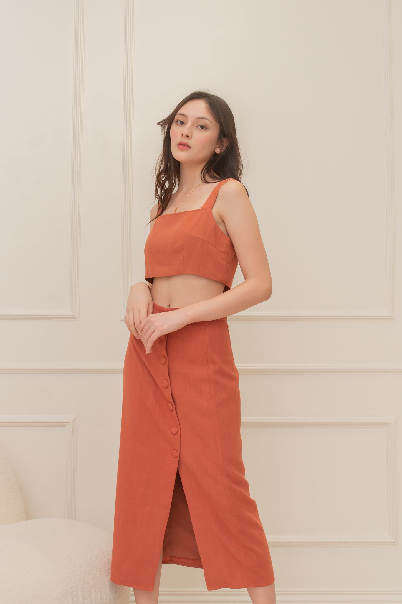ARTEMIS Linen Coordinates: Square Neck Top & Buttoned Midi Skirt (RUST)