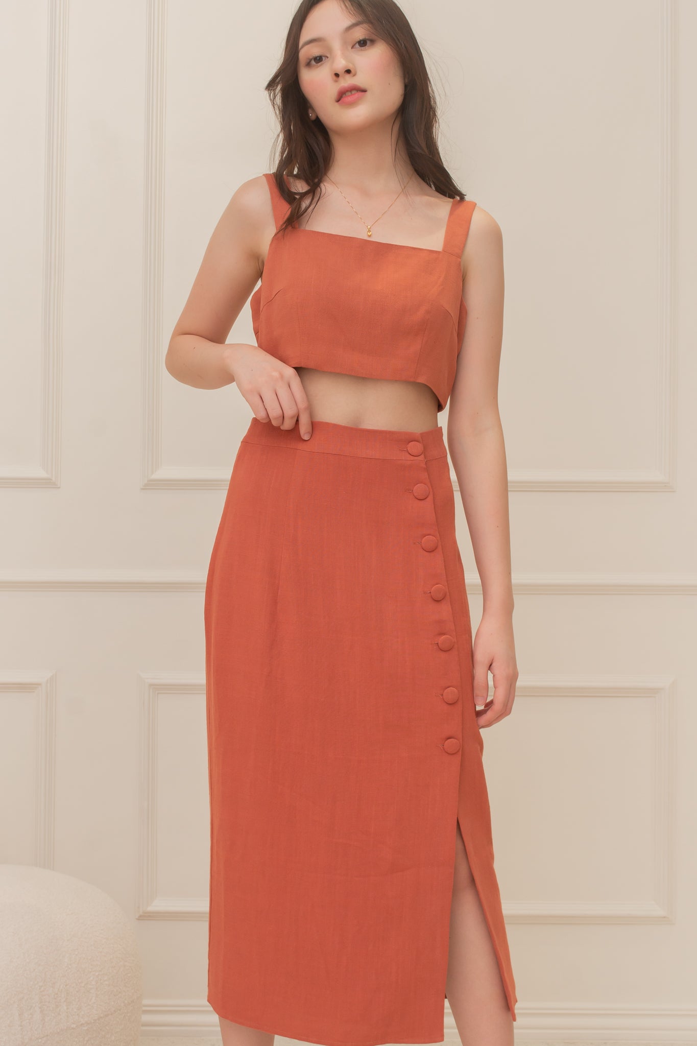 ARTEMIS Linen Coordinates: Square Neck Top & Buttoned Midi Skirt (RUST)