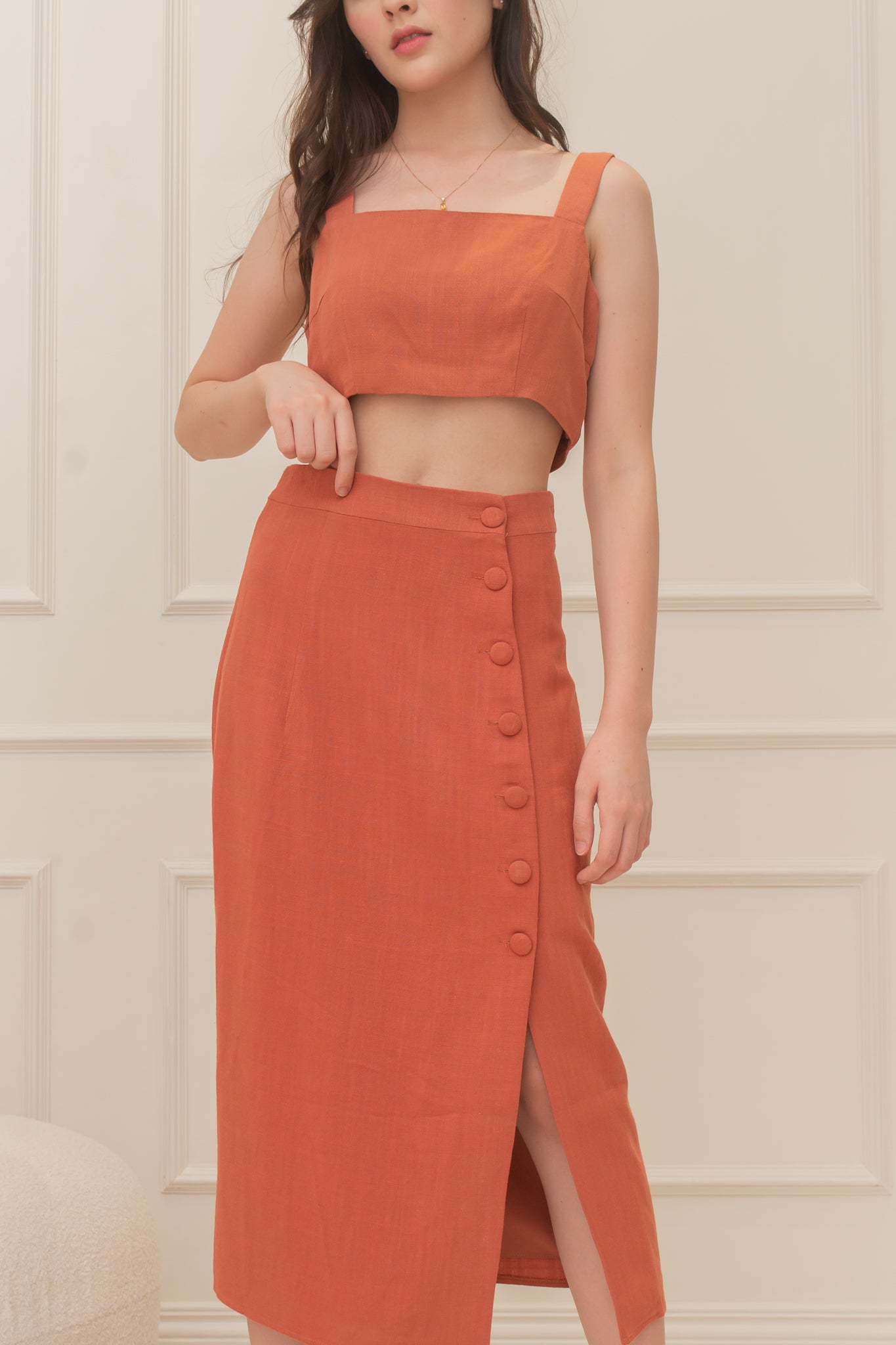 ARTEMIS Linen Coordinates: Square Neck Top & Buttoned Midi Skirt (RUST)