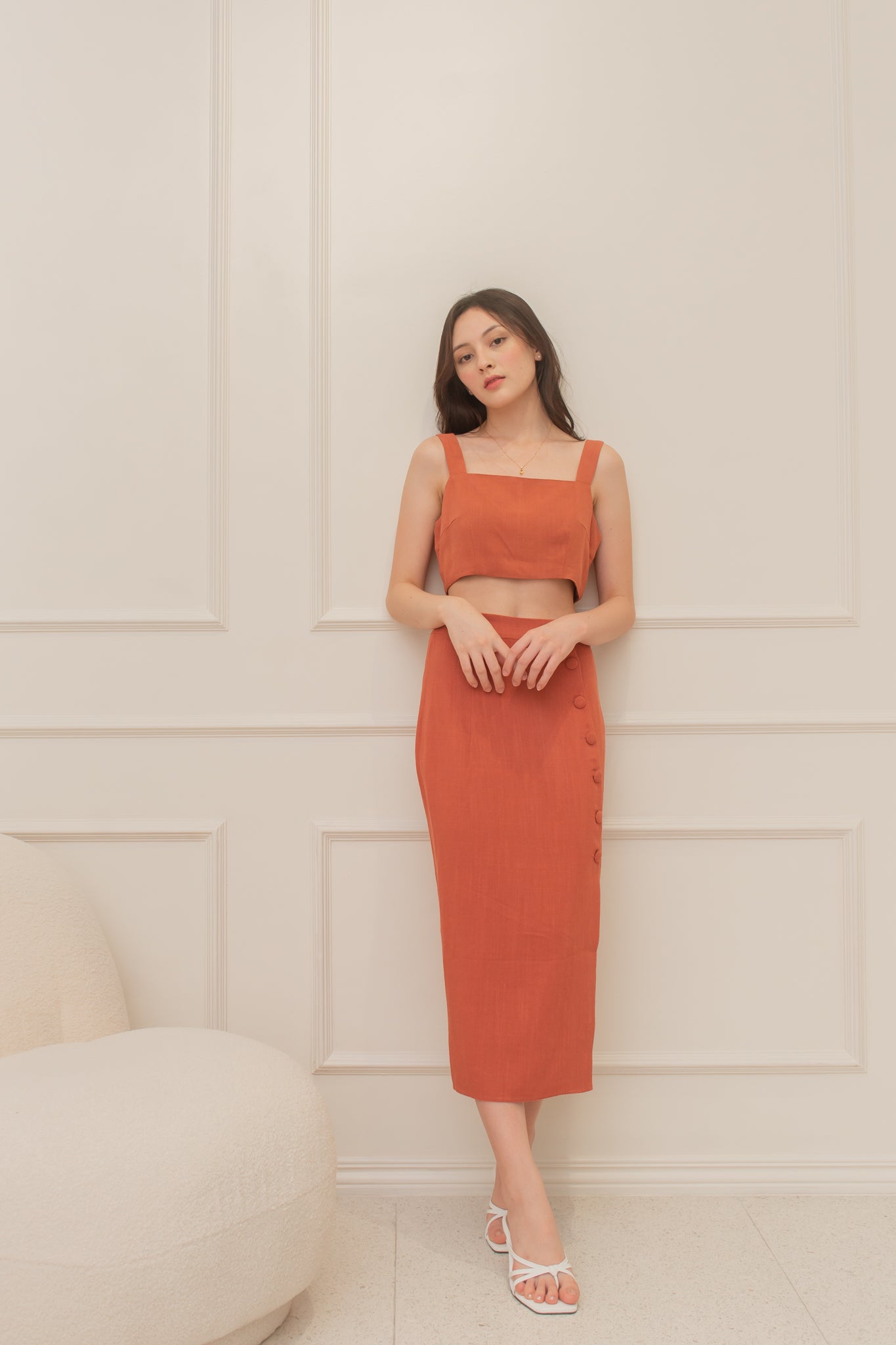ARTEMIS Linen Coordinates: Square Neck Top & Buttoned Midi Skirt (RUST)