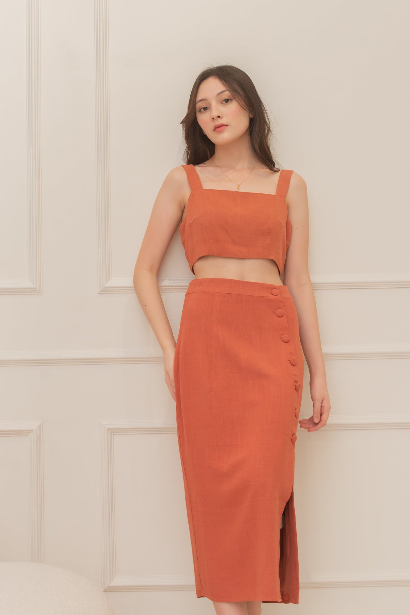 ARTEMIS Linen Coordinates: Square Neck Top & Buttoned Midi Skirt (RUST)