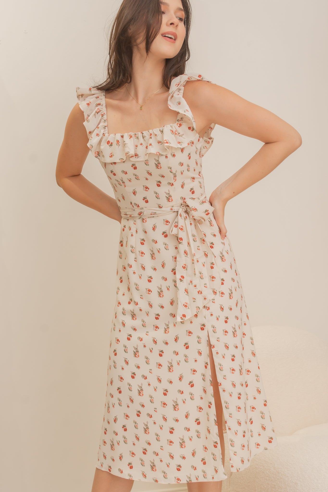 MISCHA Ruffle Sleeve Midi Dress - Red Floral