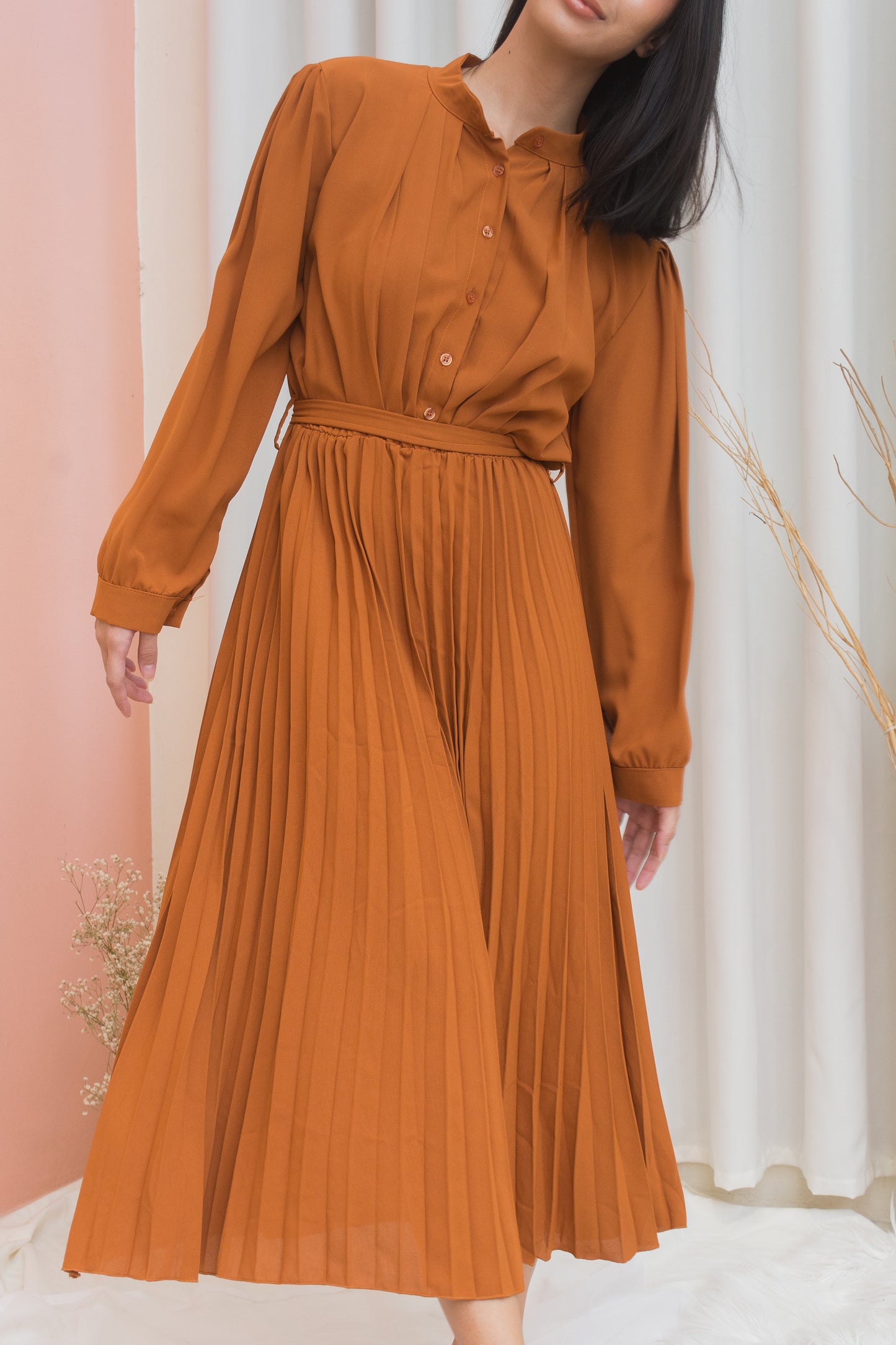 BROOKE Long Sleeve Pleated Midi Dress
