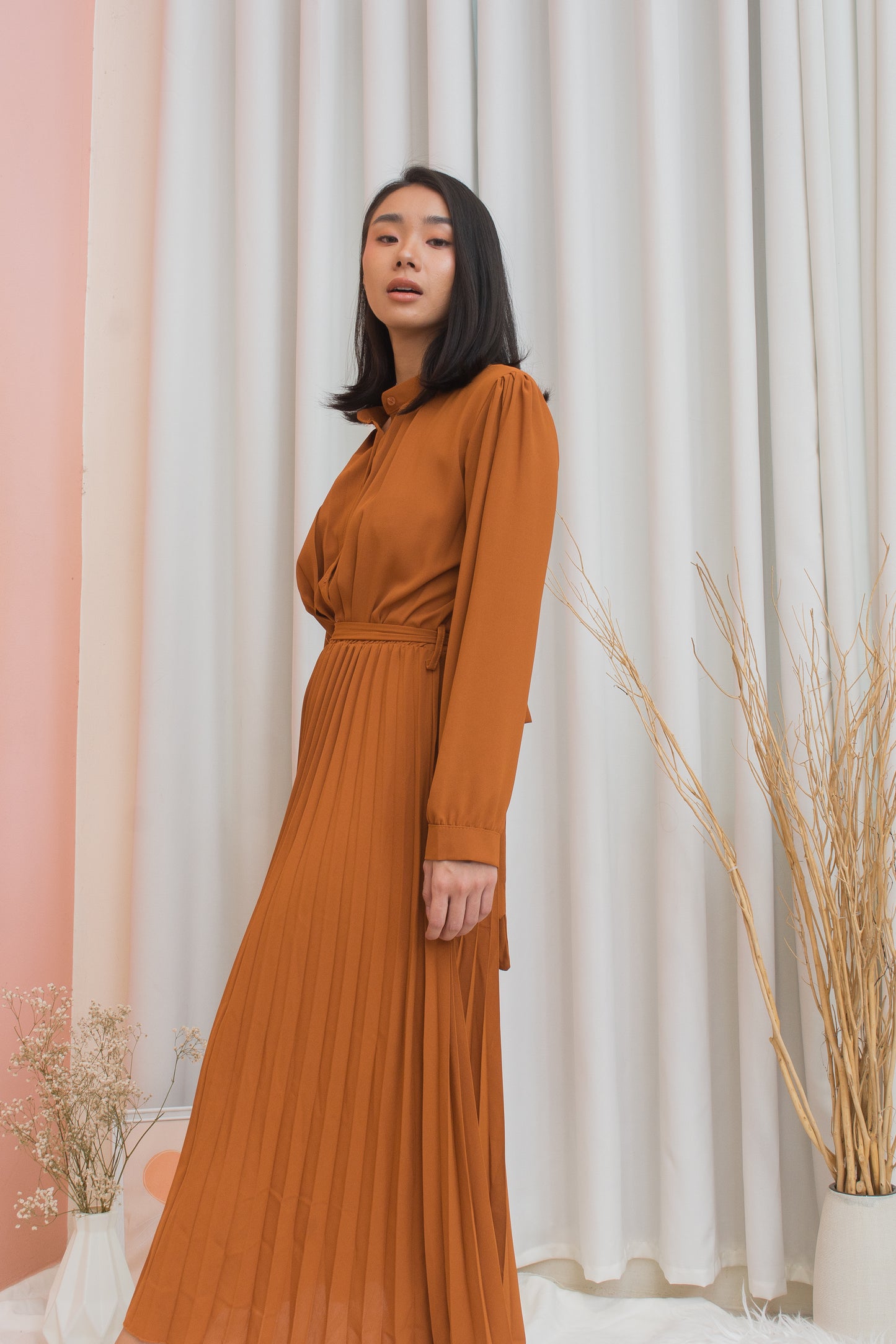 BROOKE Long Sleeve Pleated Midi Dress