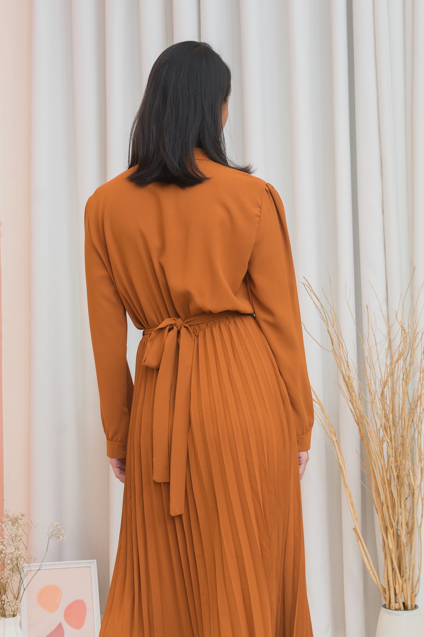 BROOKE Long Sleeve Pleated Midi Dress