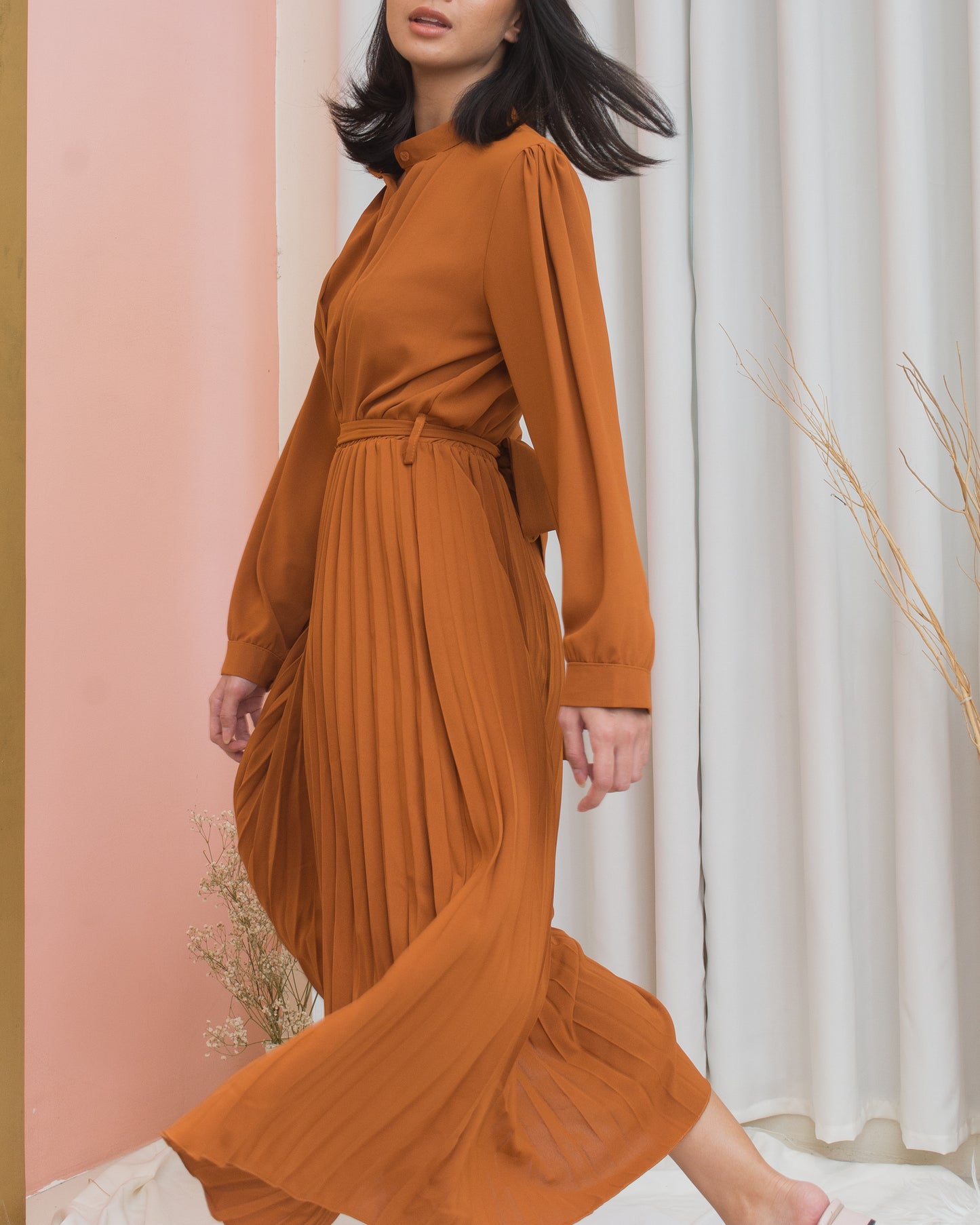 BROOKE Long Sleeve Pleated Midi Dress